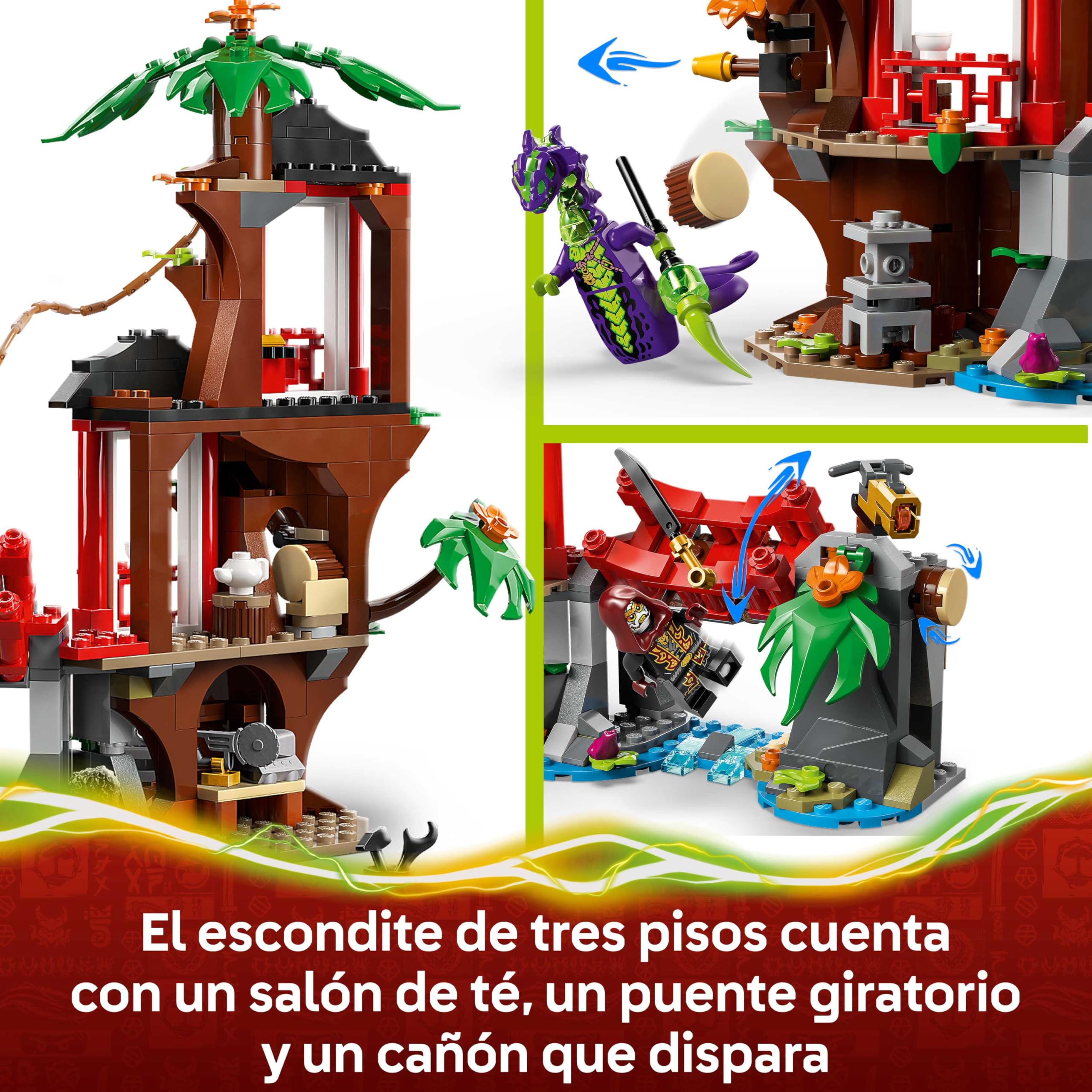 LEGO Ninjago Batalla de Vehículos Ninja Junto a la Casa del Árbol - Moto y Helicóptero de Juguete - Minifiguras de Acción con Armas Ninja - Regalo para Niños 7+ Años - 71857