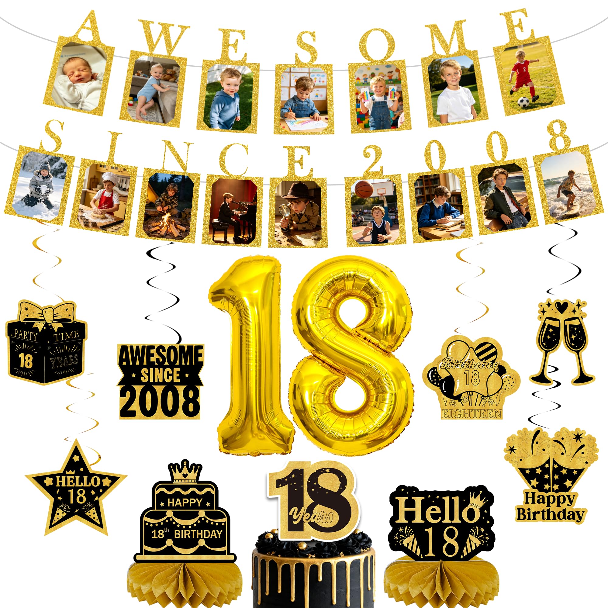 Happy 18th Birthday Banner Decorations, Gold Photo Banners Set