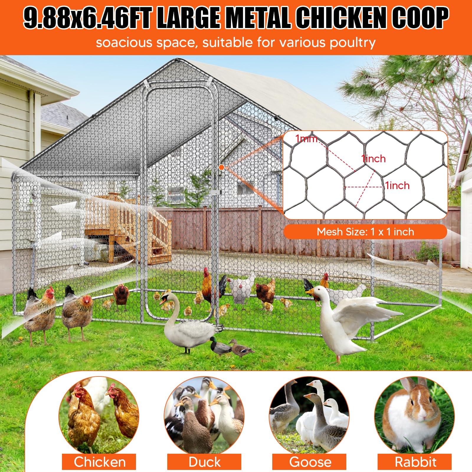 Gallinero Exterior - Jaula de Acero galvanizado para Animales pequeños 3 x 2 x 2 m, 6 m² de Superficie, con Puerta y pestillo, Jaula con Techo de Lona para Pollos