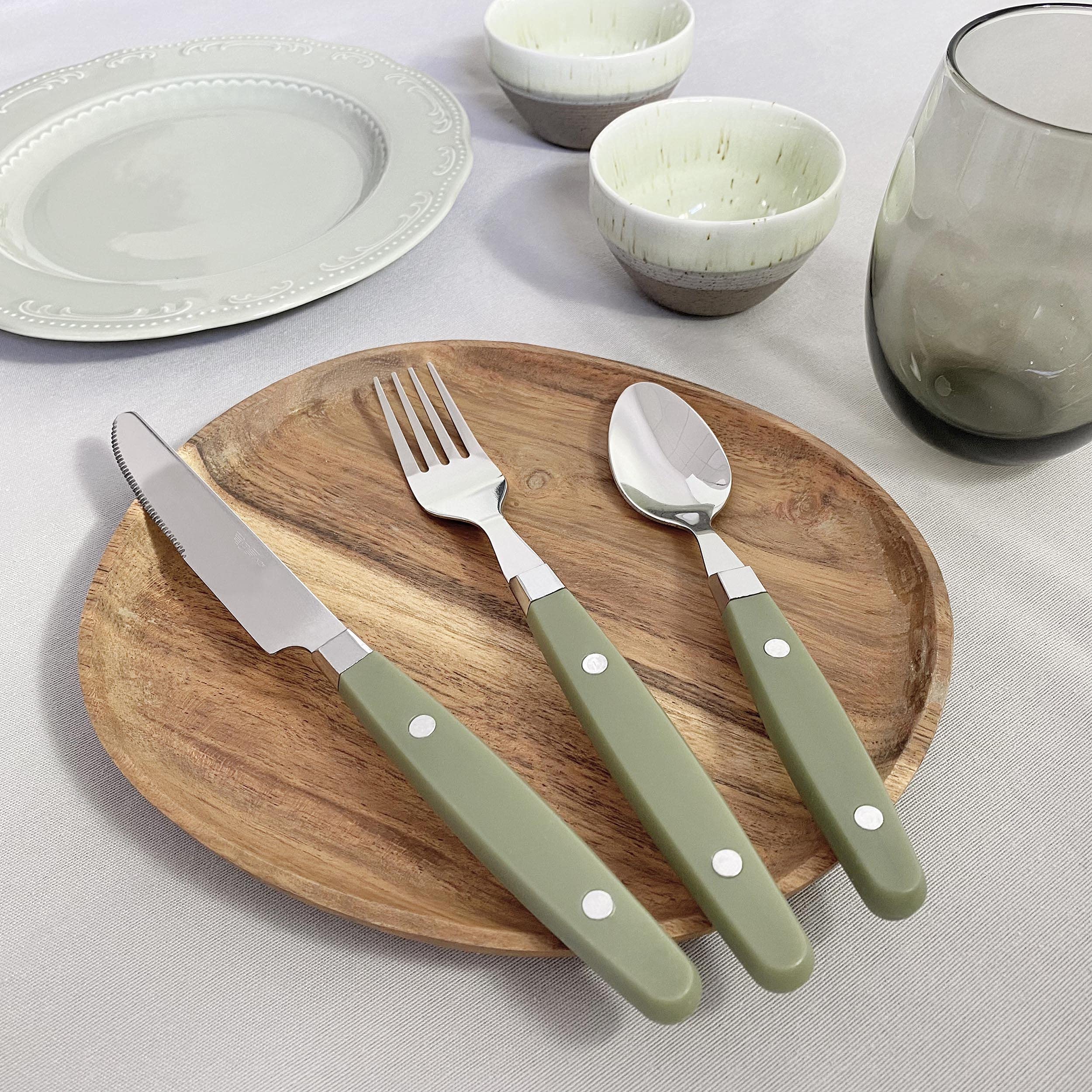 Prima Collection Lot de 24 couverts de la série Country en acier inoxydable sans nickel, avec poignée, couleur bois, avec boîte cadeau