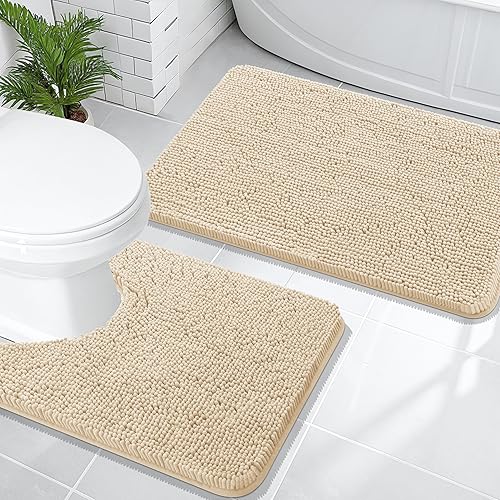 OLANLY Juego de 2 alfombras de baño, tapetes de baño de felpilla suave y absorbente y contorno en forma de U, alfombra de baño lavable a máquina,