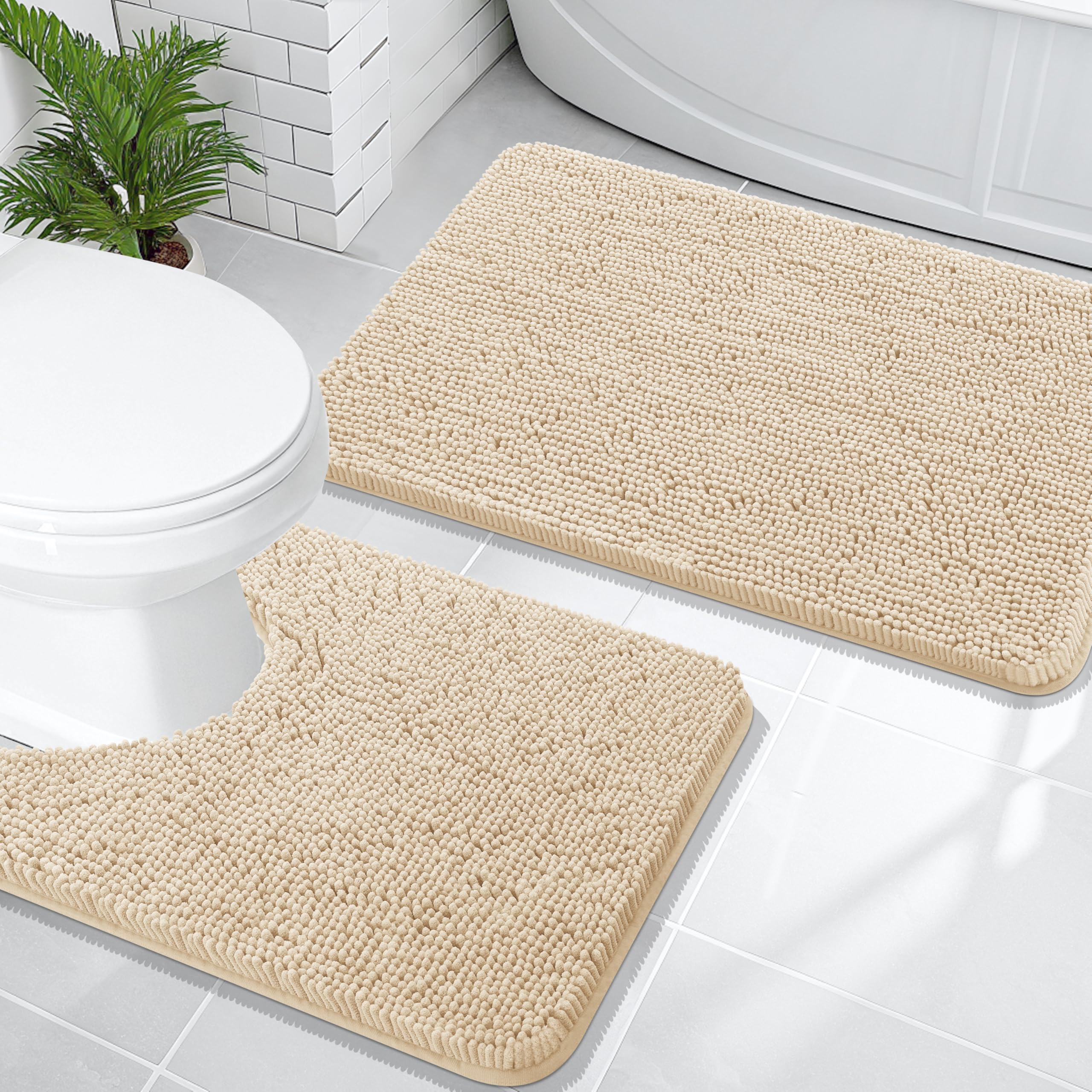 OLANLY Bathroom Rugs Sets 2 Piece Soft Absorbent Chenille Bath Mats and U-Shaped Contour Toilet Mat Area Rug