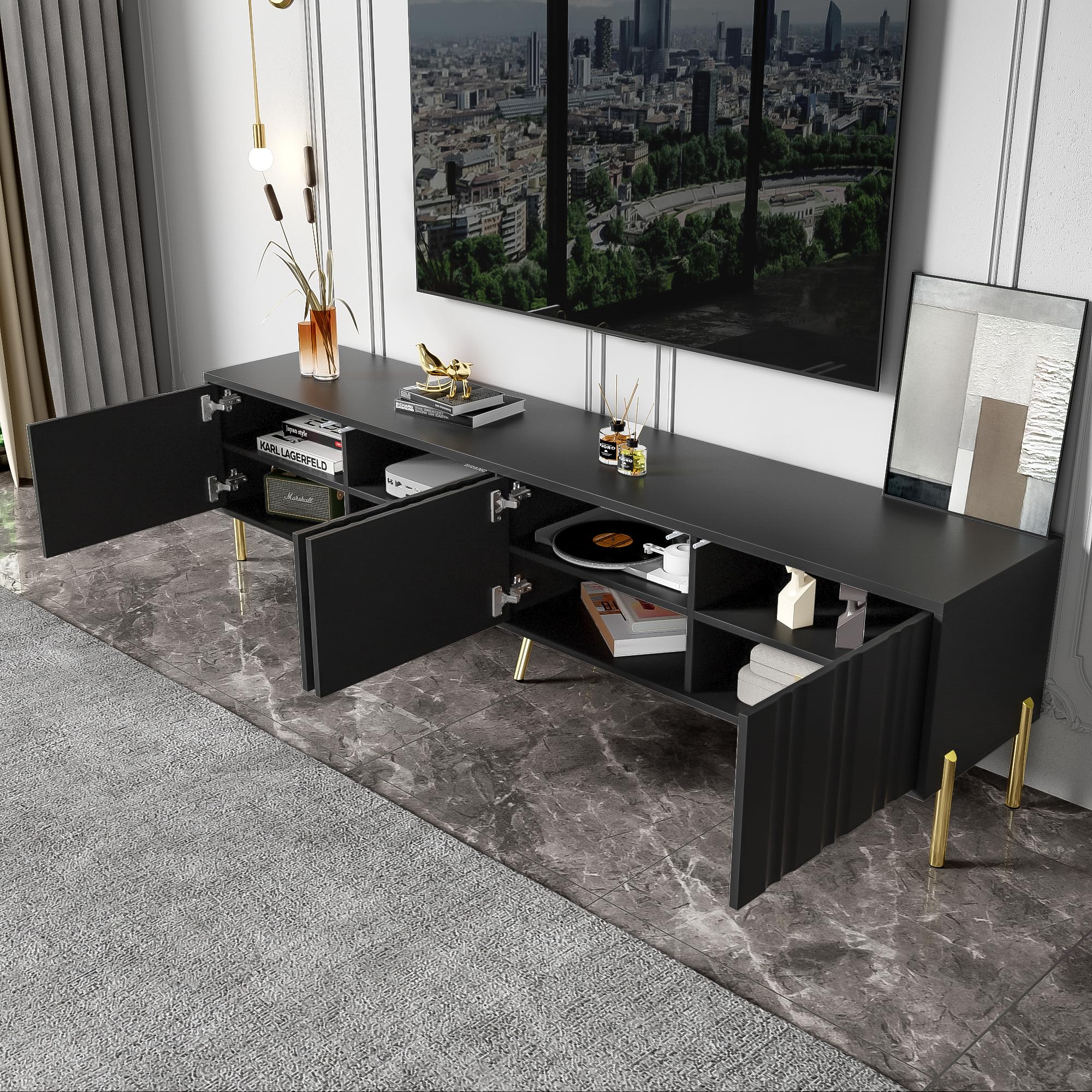 BTM Schwarzes TV-Schrank, 190 cm(L) x 38 cm(W) x 48 cm(H), goldene Tischbeine
