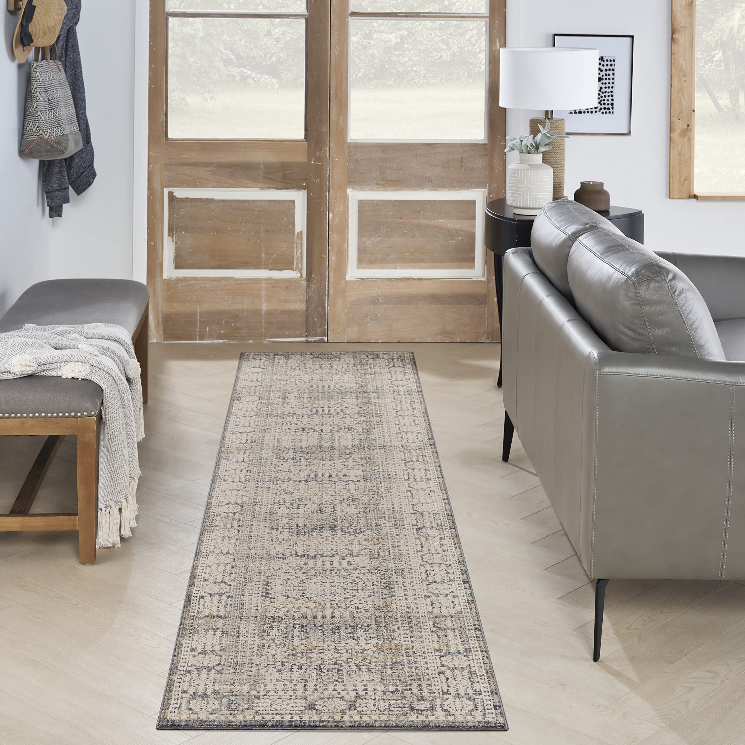 Nourison Nyle Floral Ivory Slate 2'3" x 10' Area -Rug, Easy -Cleaning, Non Shedding, Bed Room, Living Room, Dining Room, Kitchen (2x10)