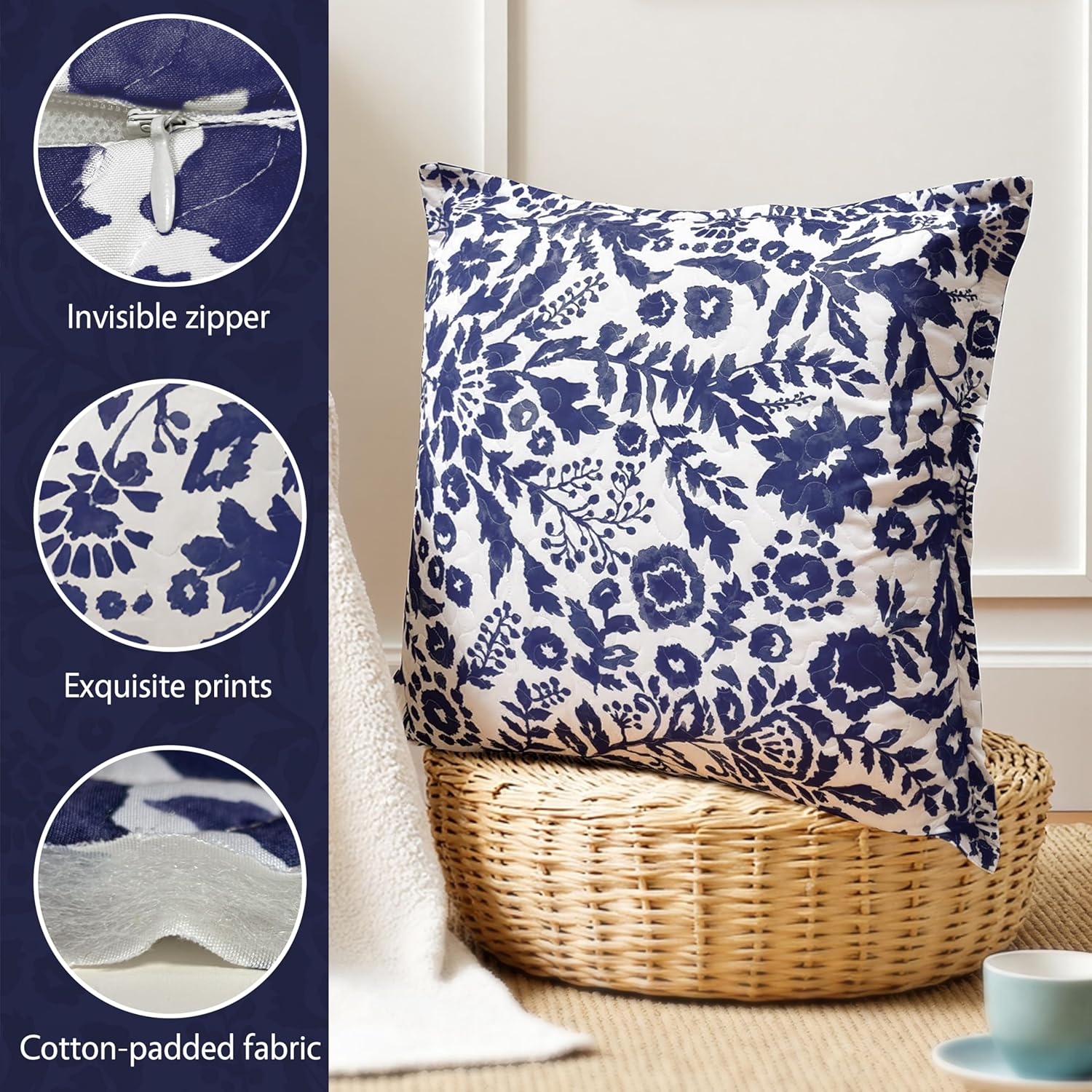 DriftAway Julia Watercolor Quilted Pillow Covers Blooming Flower Floral Printed Decorative Square for Home Sofa Bedroom Bed Decor 26 x 26 Inches 2PC Navy