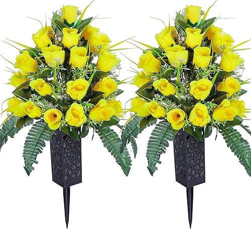 2 Sets Flores Artificiales para Cementerio, Decoraciones al Aire Libre para Tumbas con Rosas, Hermosos Arreglos Florales con Jarrón para Cementerio,