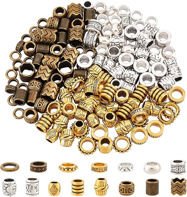 NBEADS 150 Pcs 15 Styles Alloy Hair Beads, Tibetan Style Beard Beads Big African Hair Beads Dreadlock Beads for DIY Hair Braiding Ponytail Decoration, Silver/Golden/Bronze