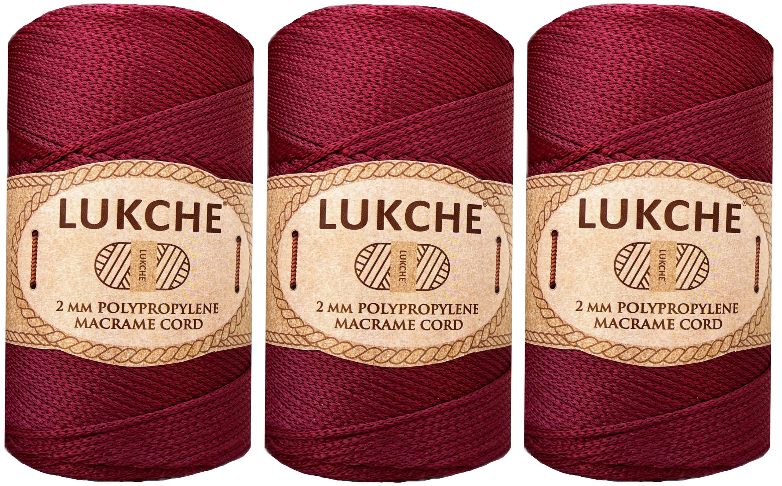 LUKCHE Polypropylene Macrame Cord 2mm x 251 Yards, 3 Skeins (Burgundy)