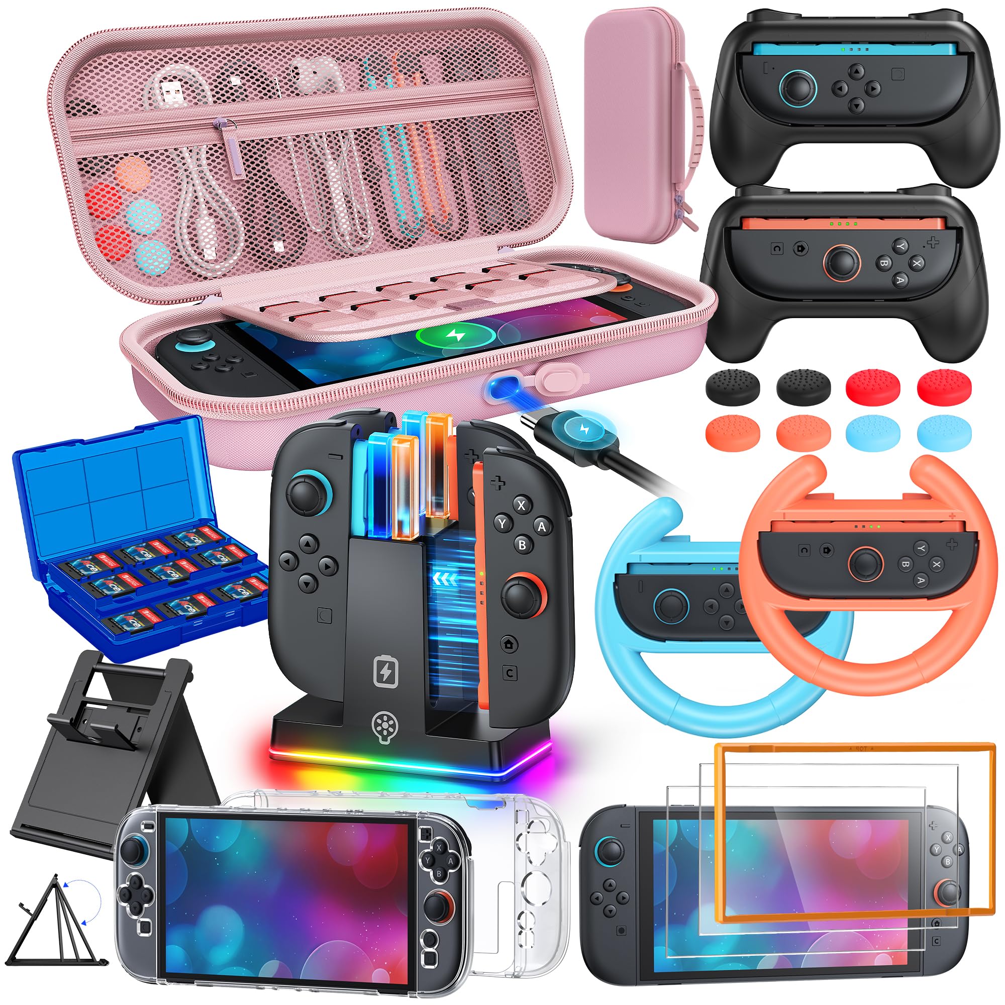 WAXITY Tasche Zubehör Bundle für Nintendo Switch 2, 22-in-1 [Aufladen im Inneren] Reisetasche Tragetasche Set für Switch 2 mit Case, Ladestation, Schutzhülle, Griffe für Joycon (Rosa)