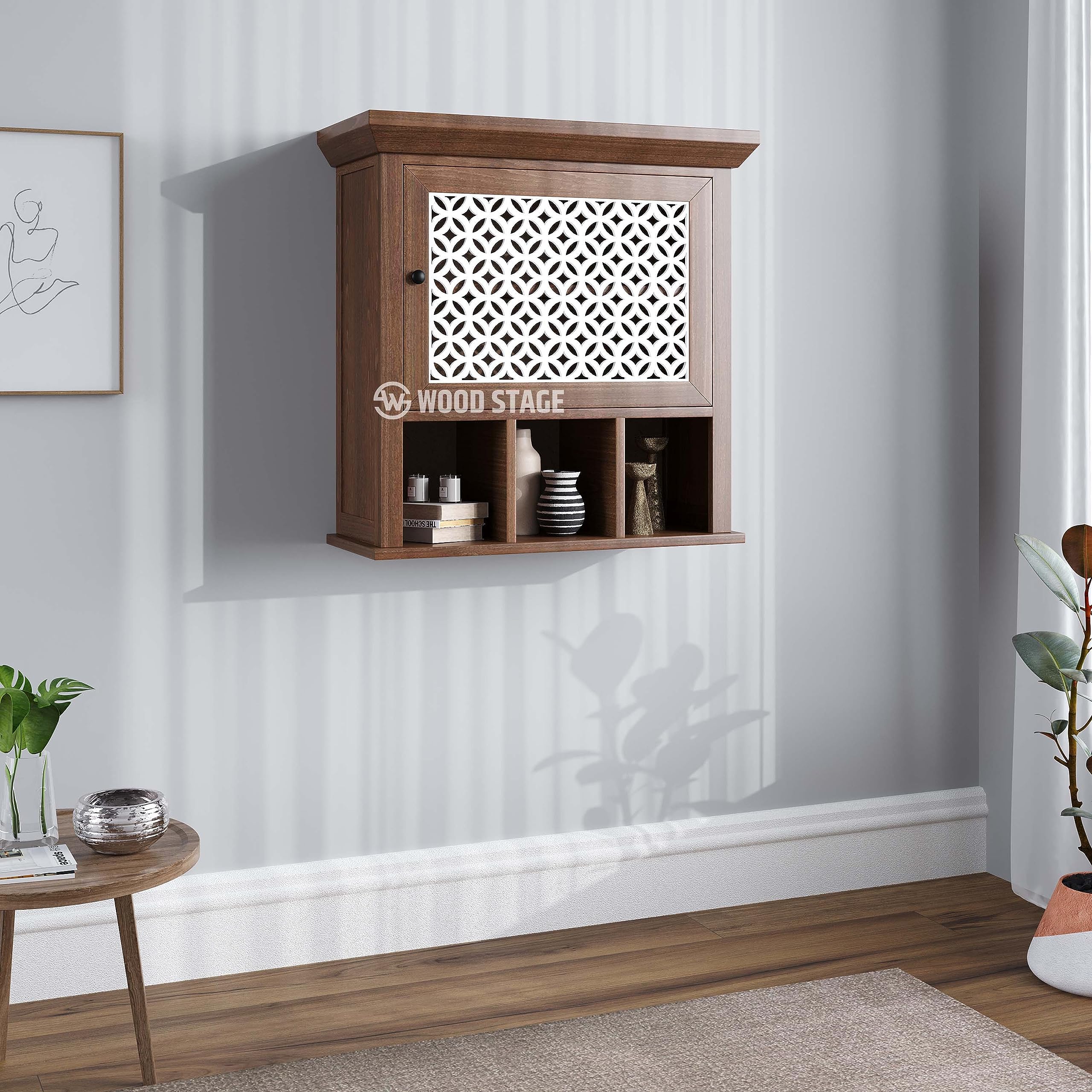 WOODSTAGE Solid Mango Wood Floating Wall Mounted Shelf Rack with Cabinets for Display and Storage for Home Living Room - Walnut Finish (B0CGVB693D) Amazon Price History, Amazon Price Tracker
