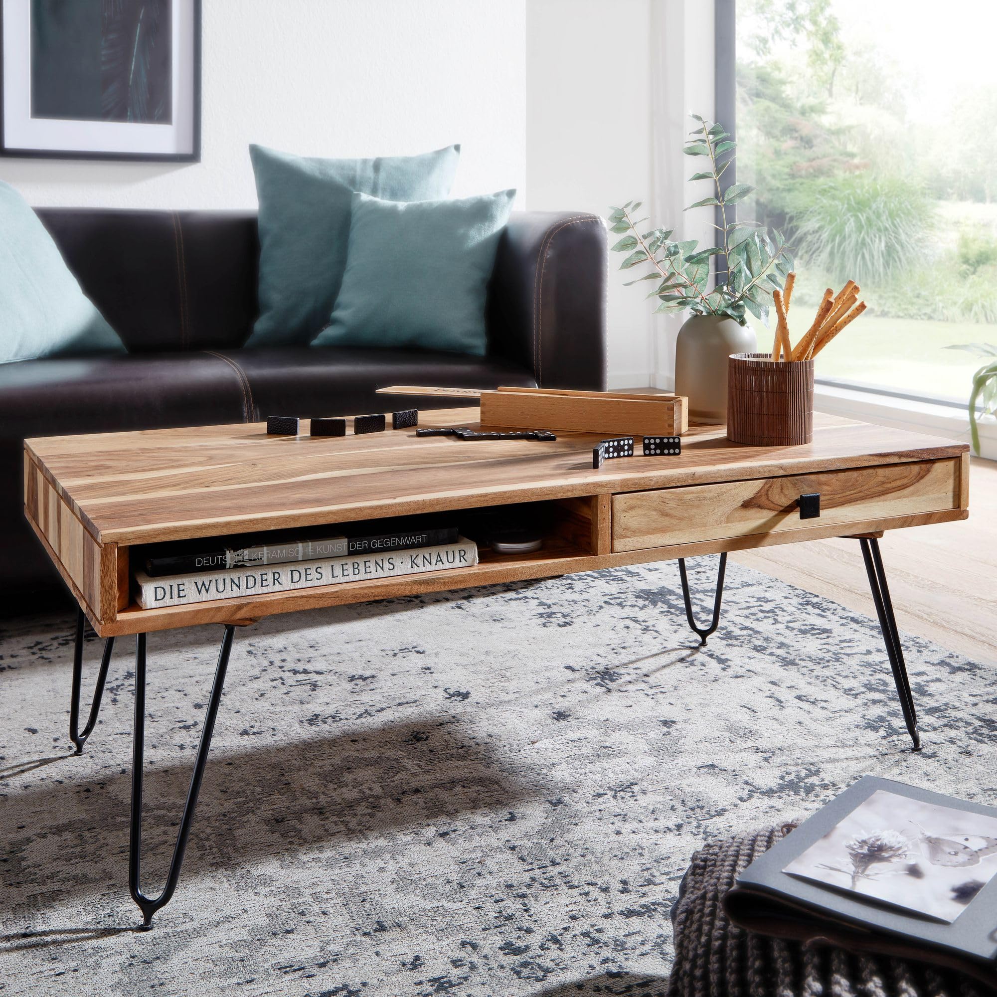 FineBuy Couchtisch 110x60x40 cm Akazie Massivholz, Hairpin Beine | Wohnzimmertisch Industrial mit 2 Schubladen und Ablagefächern, Sofatisch aus Echtholz, handgefertigt
