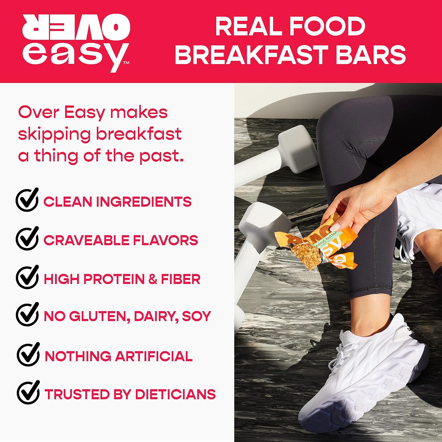 OVER EASY Peanut Butter Mini Breakfast Bars (20ct) 100 Calorie Mini Protein Bars - All Natural Mini Snack Bars with 5g Protein & 3g Fiber - Dairy Free, Soy Free, Gluten Free Bars