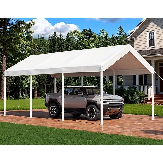 Aoxun 10x20 FT Carport Heavy Duty Car Canopy with Tarp & Wind Resistance Portable Garage Car Tent Outdoor Car Port with Tear Resistant Canopy, No Sidewall - Milky White