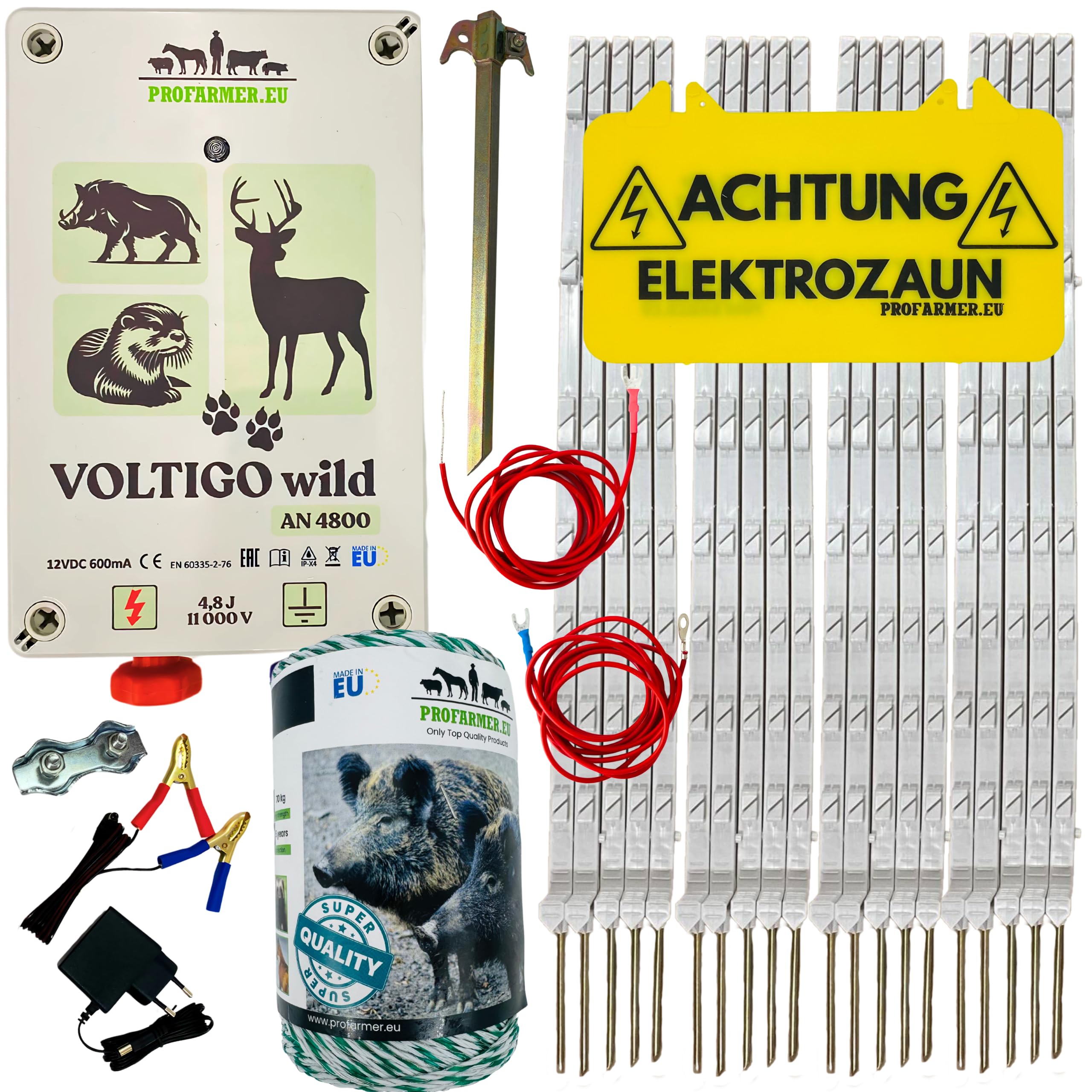 Starkes Weidezaungerät 12V/230V 4,8J – Elektrozaun Komplettset inkl. 250m Litze, Zaunpfähle, Erdung – Für Wildschweine, Wölfe, Rehe, Pferde, Rinder, Hunde