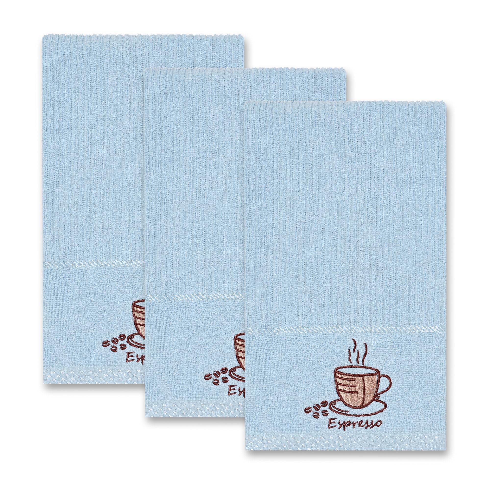 La Maison Woven Embroidered Tea Towels Pack of 3 Large 40 x 70cm Super Absorbent Housewarming Gifts 4 Styles Cotton Rich (Sky Blue, Espresso)