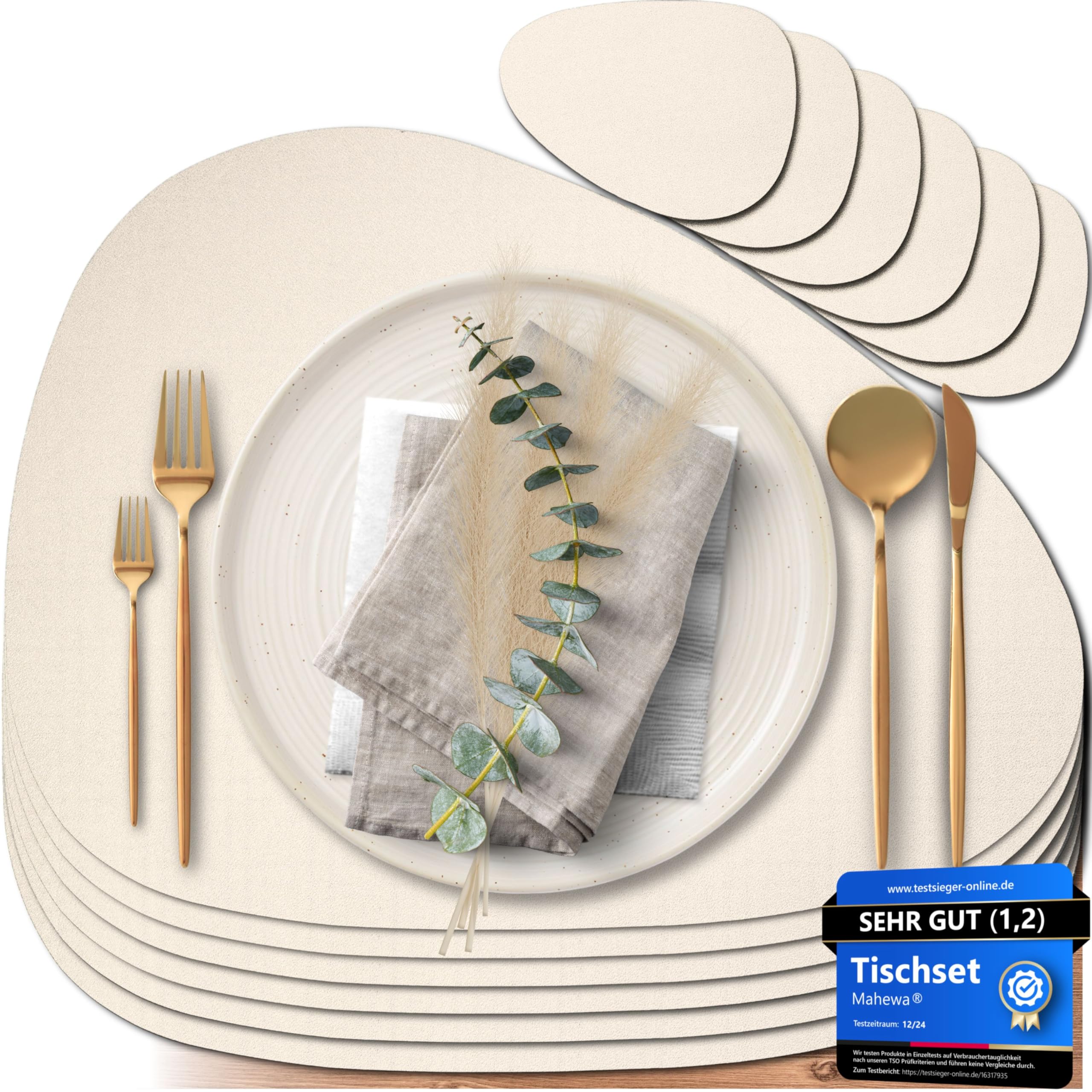 Mahewa® 6er Set Premium Tischset aus Kunstleder - Platzset abwaschbar und wasserdicht - Platzdeckchen Telleruntersetzer in Lederoptik (Cremebeige, Oval)