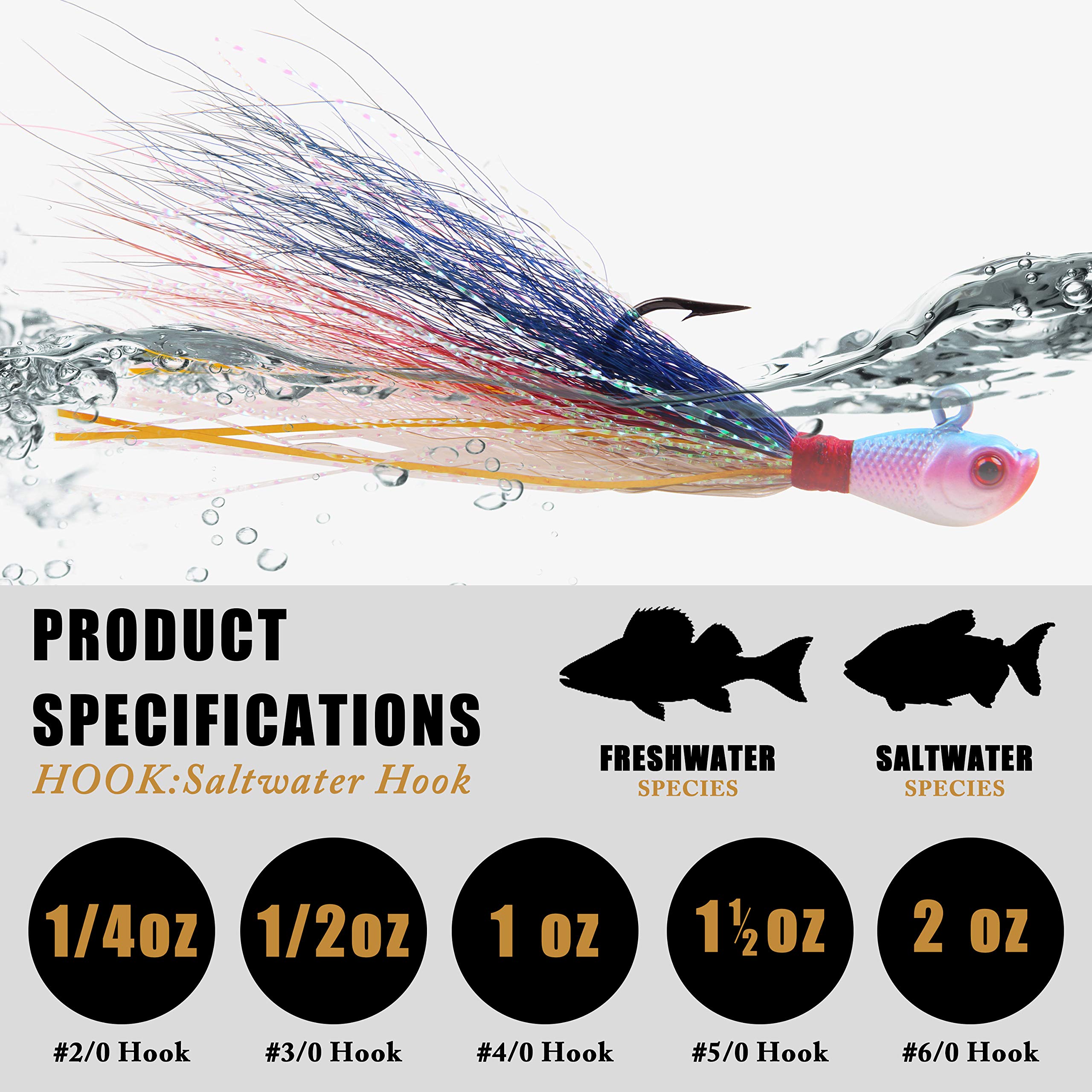 Bucktail Jig Assortment Kit – 5 Pieces, 1/4oz To 2oz, Saltwater Fluke Striper Lures For Surf Fishing