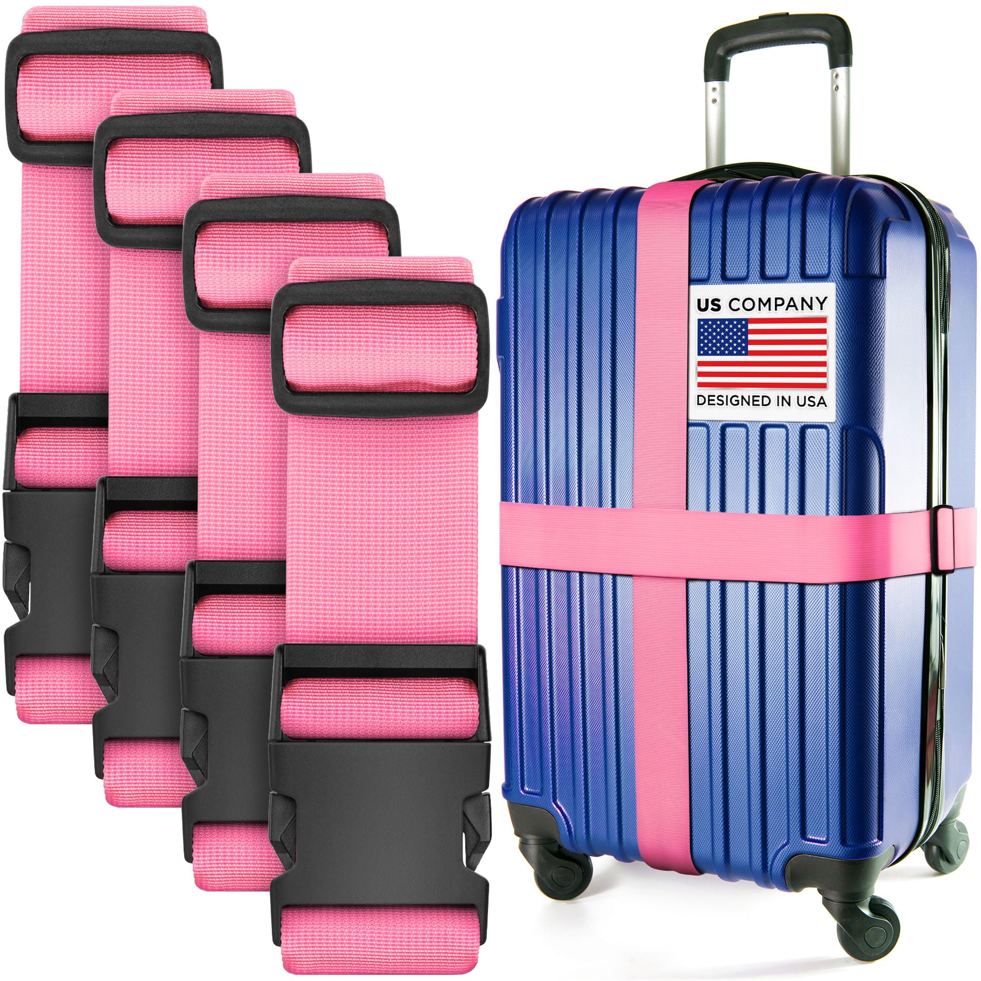 Luggage Straps for Suitcases - TSA Approved - Pink, 4 PK - Premium Nylon Belts for Suitcase, Briefcase & Travel Bag - Adjustable Strap Length 46" - 78