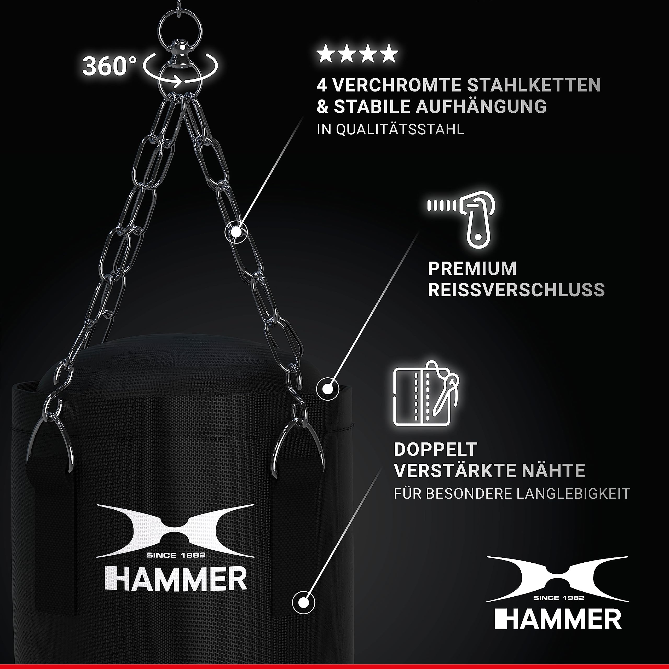 Hammer Box Set Sparring – Boxsack gefüllt 80 cm mit nummerierten Trefferflächen + Boxhandschuhe 10 oz – Inkl. Drehwirbel für sichere Aufhängung