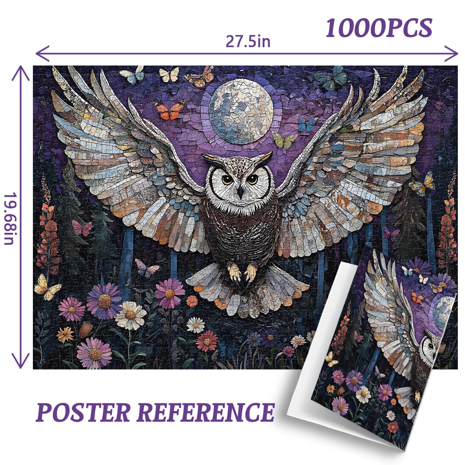 Mosaic Owl Puzzles for Adults 1000 Pieces, PICKFORU Wildflower Plant Forest Bird Puzzle, Impossible Unique Night Moon Flower Theme as Wall Decor - Image 5