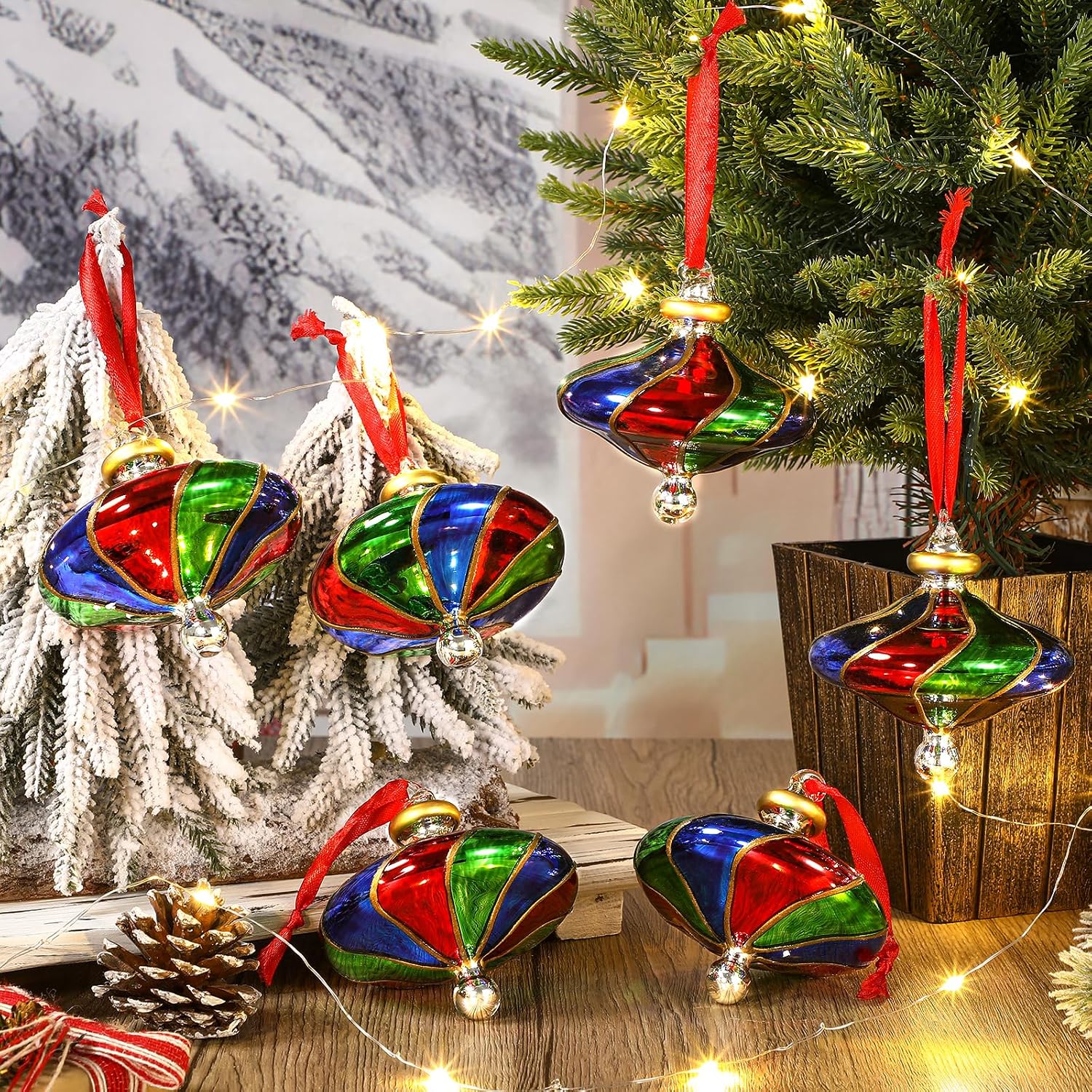 6 Pcs Blown Glass Christmas Ball Ornaments 3.8" Red Green and Blue Christmas Tree Decor Vintage Peppermint Candy Hanging Ornament Gift for Home Xmas Tree Handmade Craft Garland Wreath Holiday Decor
