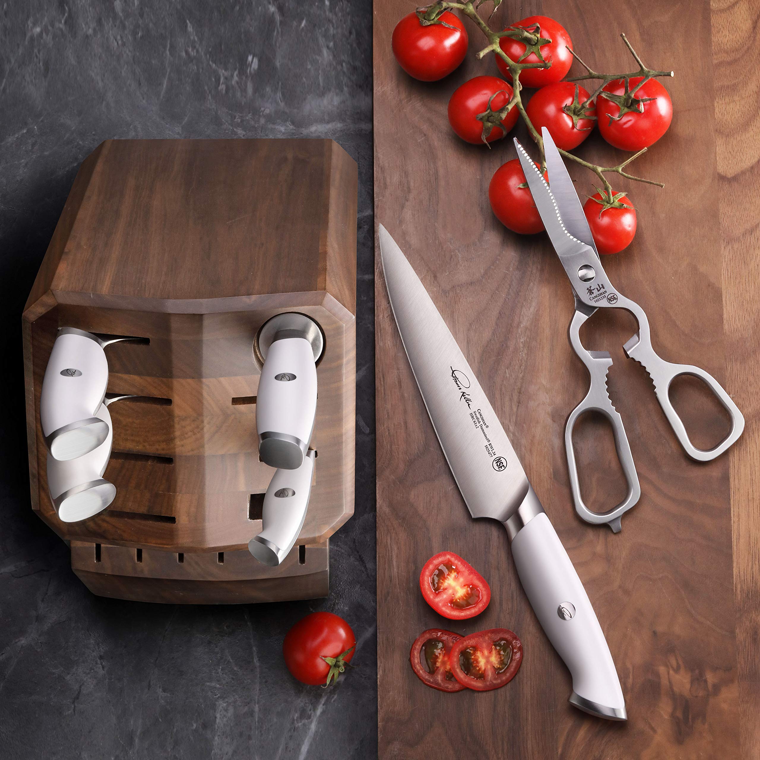 Cangshan Thomas Keller Messerblock-Set – 7-teilig, Schwedischer Pulverstahl, Walnussholz-Block, Weißer Polymer-Griff