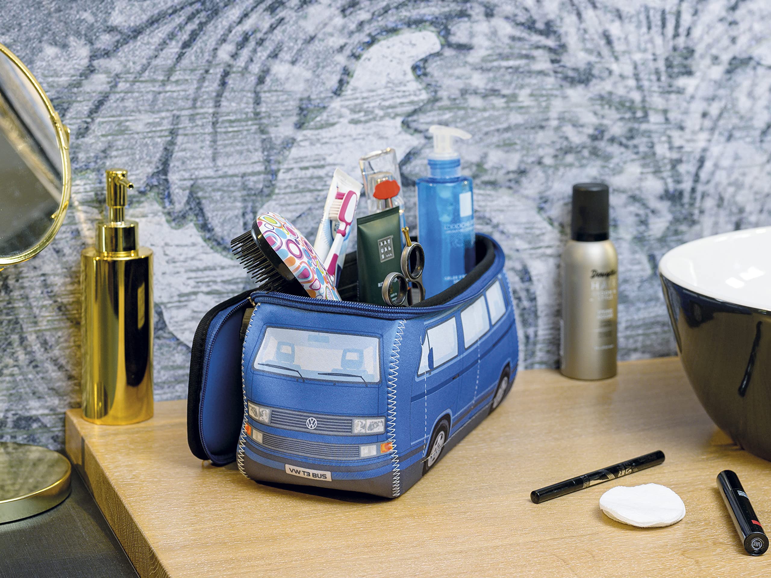 BRISA VW Collection – Volkswagen Neopren uniwersalna kosmetyczka do makijażu, kosmetyczka podróżna w stylu T3 Bulli Bus, niebieski, Groß (30 x 14 x 12 cm), T3 Bus