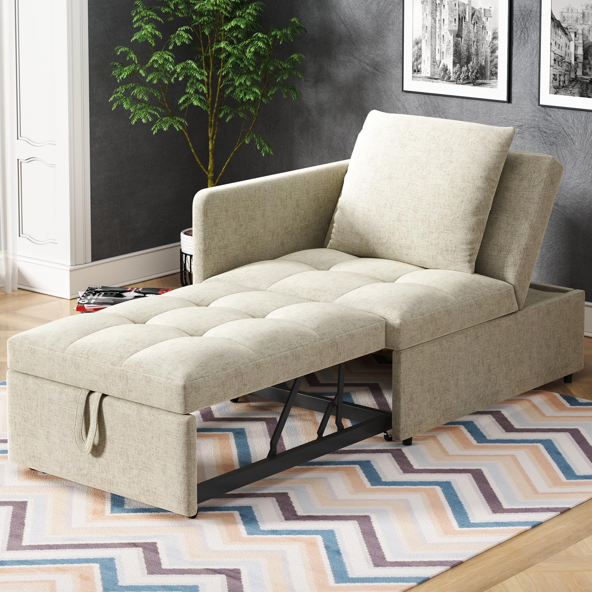 Schlafsofa Klein, Einzel-Sofa, Bett, Stuhl, 3-in-1-Sessel, Klappsofa & Schlafhocker mit Bettfunktion, wandelbar Schlafsessel bis 200 kg, Sofabed mit Bezug in Leinenoptik für kleine Räume (Beige)
