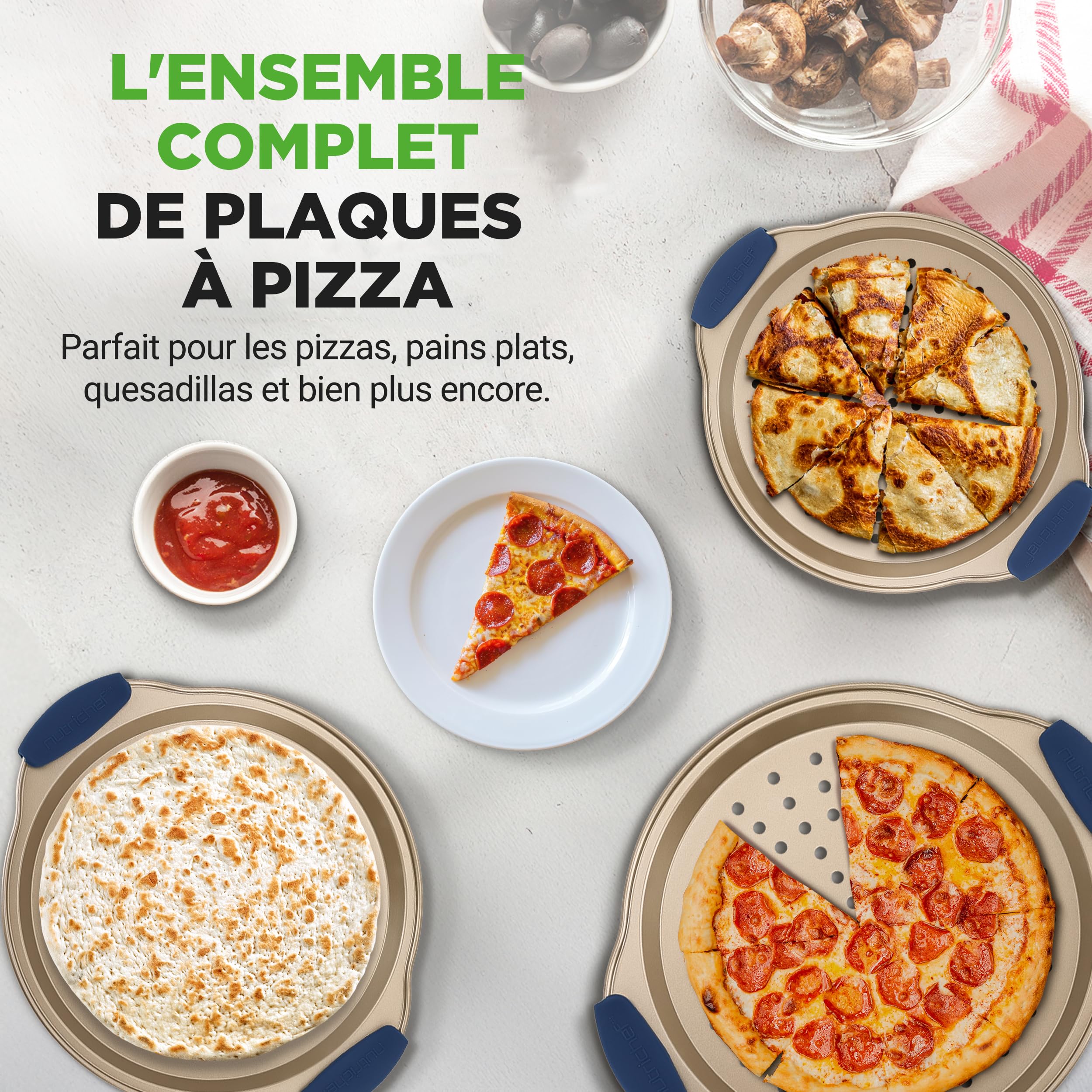 NutriChef Set de 3 Plaques à Pizza - Moules à Pizza Antiadhésif avec Poignée en Silicone avec Trous Perforés - Acier Carbone Durable - Tailles Petit, Moyen, Grand - Doré, Gold