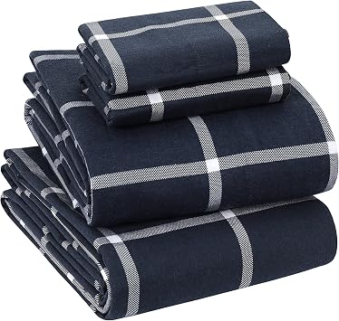Sleepdown 100% Cotton 160 GSM Flannel Sheet Set - Navy Checks, Queen
