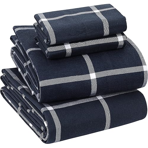 Sleepdown 100% Cotton Flannel Sheets Full - Super Soft, Heavyweight, Double Brushed, Anti-Pill Flannel Bed Sheets Full Size, 16" Deep Pocket Full Size Fitted Sheet X2 Side Pockets (Full, Navy Checks)