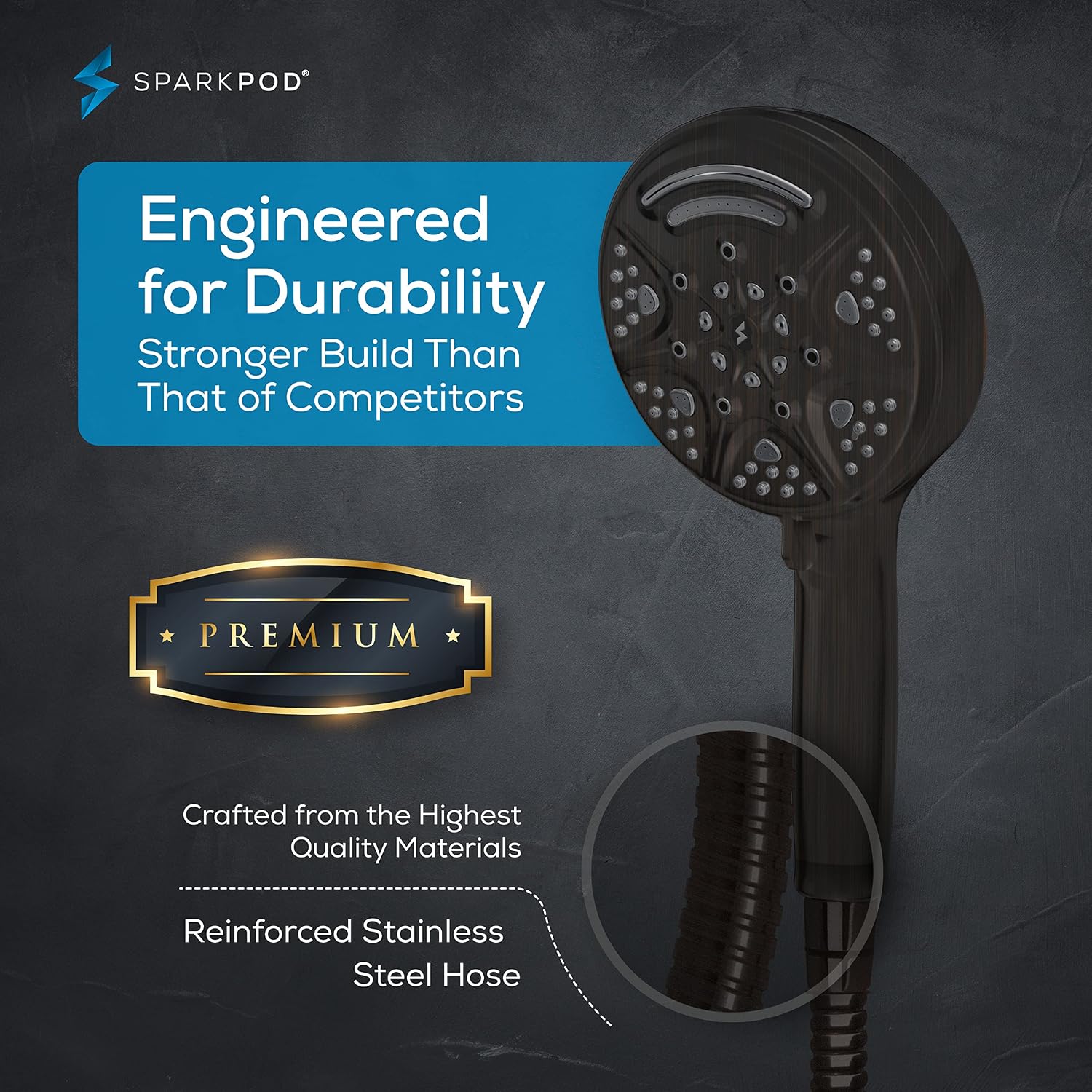 SparkPod 5 Inch 9 Spray Setting Shower Head - Handheld High Pressure Jet with On/Off Switch, Pause & Waterfall Setting- Premium ABS Removable Handheld Shower Head with Hose (Oil Rubbed Bronze)