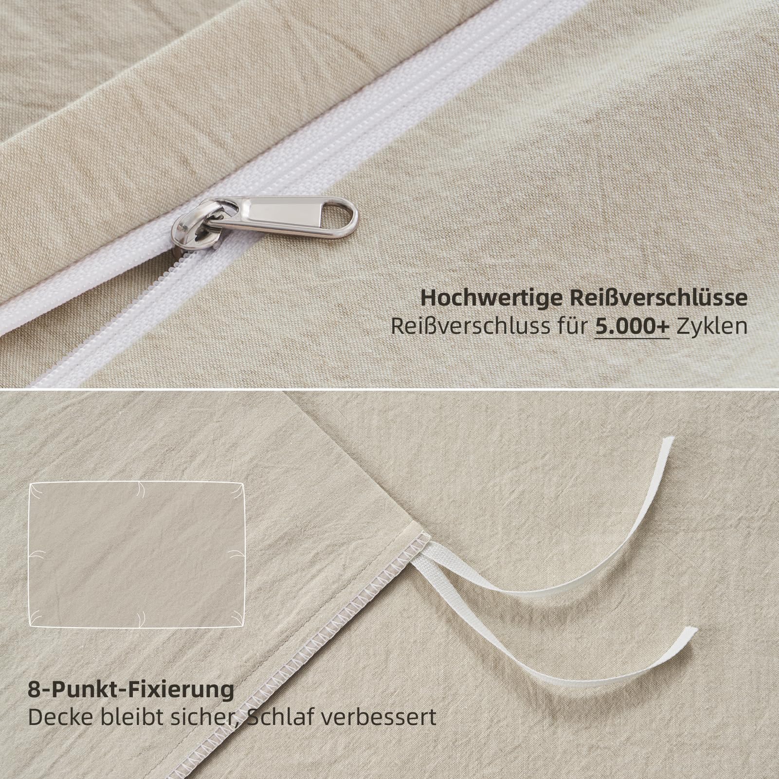 Bettwäsche 135x200 Baumwolle 4teilig Beige Superweiche 100% Vorgewaschene Baumwolle mit Leinenstruktur ÖKO-TEX Bettwäsche 4teilig 2 Bettbezüge 135x200+2 Kissenbezüge 80x80 mit Reißverschluss