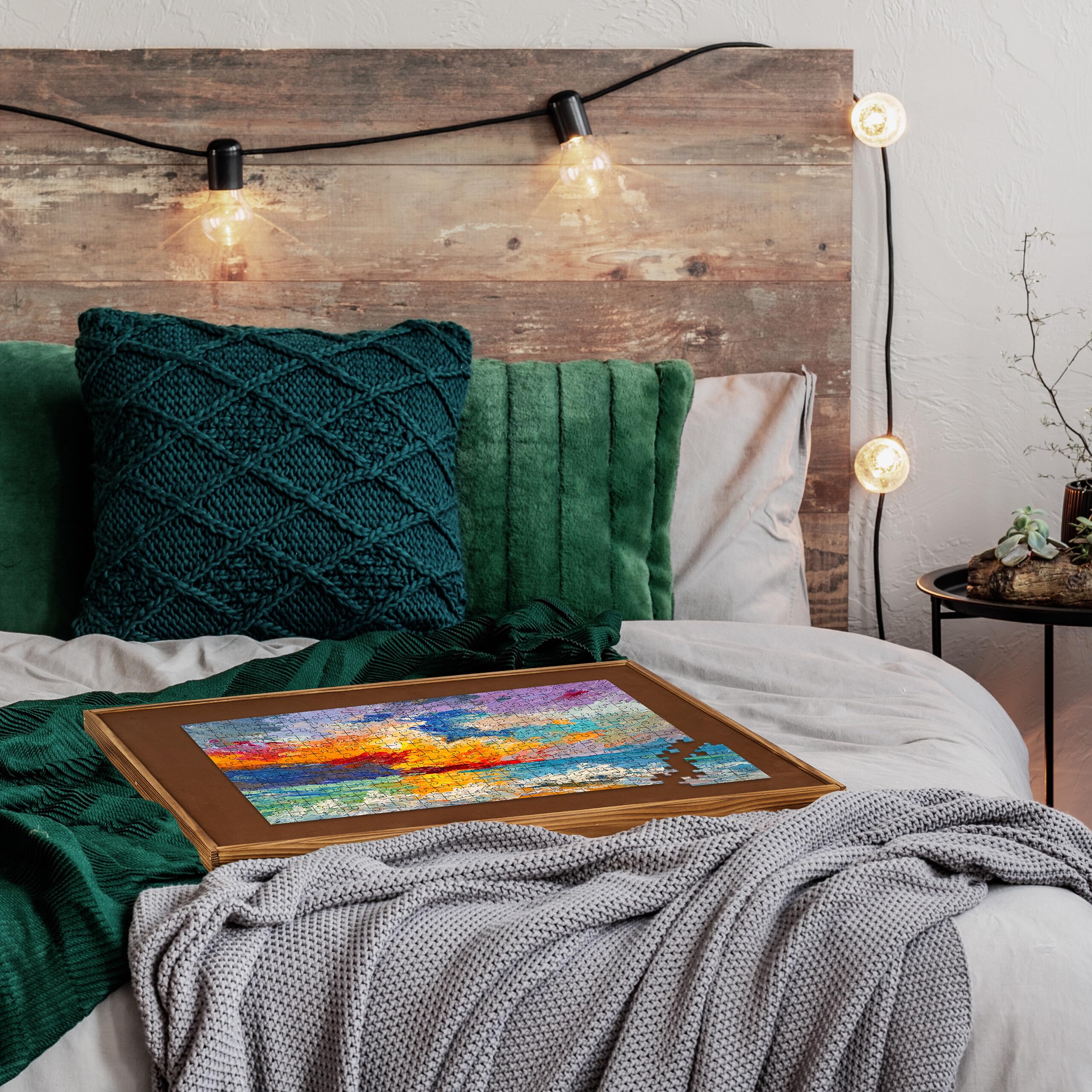 Relaxdays Stół do puzzli, dwustronna półka na 1000 i 1500 elementów, z regulacją wysokości, drewniana deska do puzzli, kolor brązowy