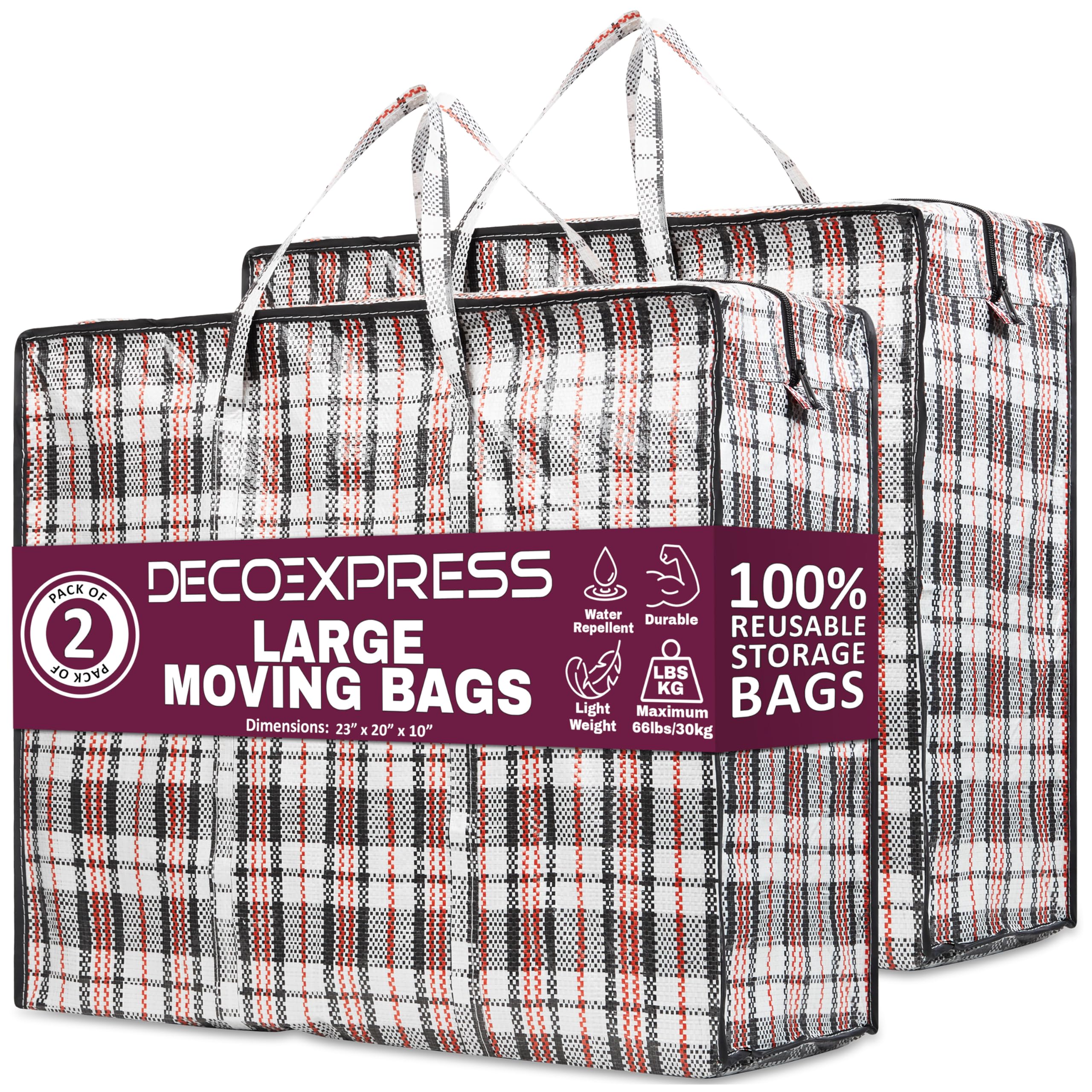 Deco Express Multi Laundry Bags Xl, Pack Of 2, 75L Strong, Durable & Reusable Extra Large Storage Bags With Zips, Ideal For Moving, Shopping, Packing, Laundry & Clothes Storage (60 X 50 X 25 Cm)