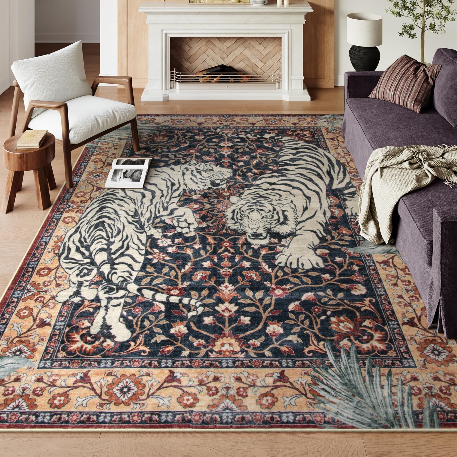 Moynesa Teppich mit Tigermotiv, groß, waschbar, Boho, Vintage, rutschfest, für Wohnzimmer, Esszimmer unter dem Tisch, ultradünn, weicher Bodenteppich für Büro, Schlafzimmer, 244 x 305 cm, Dunkelrot