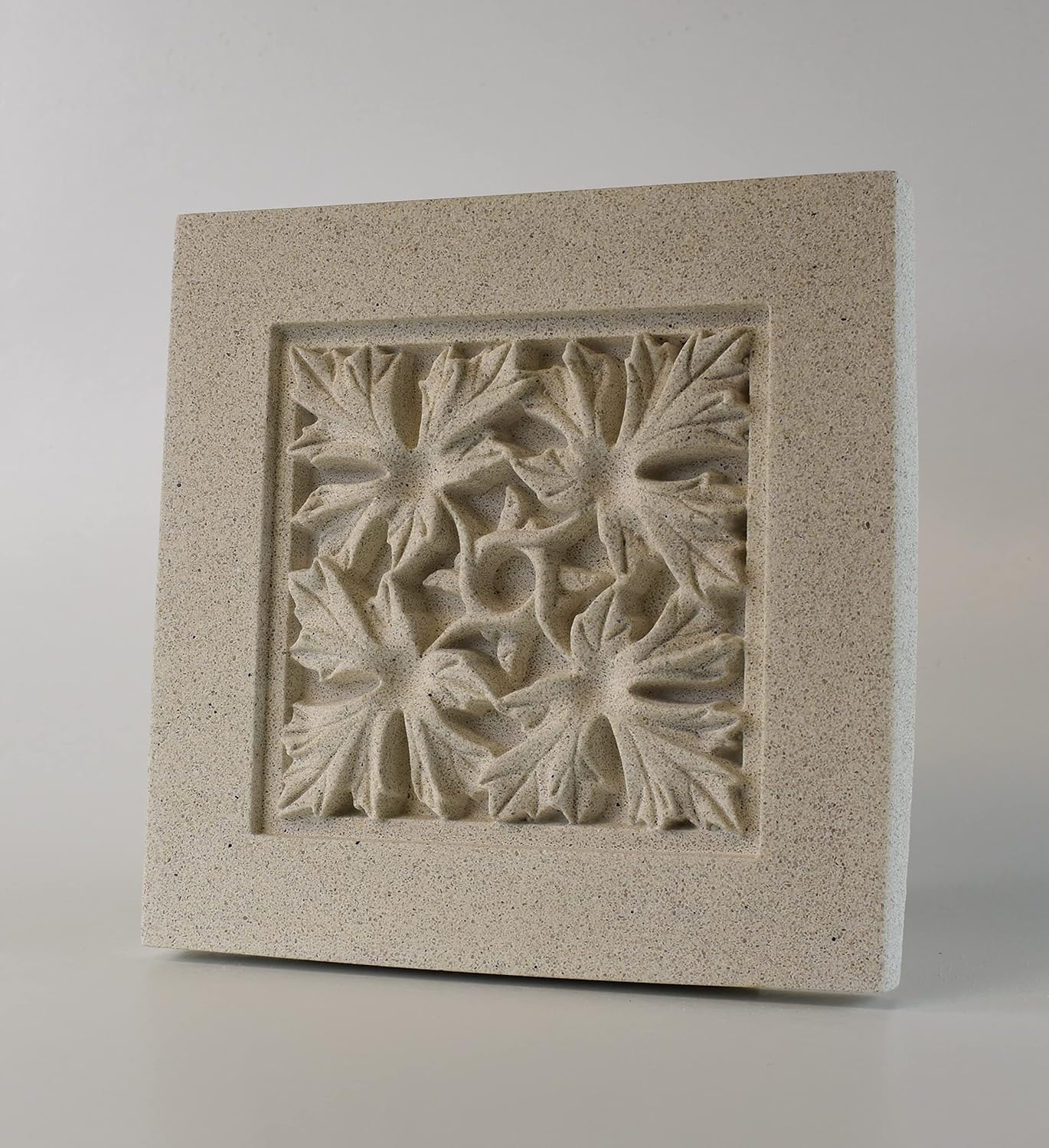 Sculpted Architectural Bas Relief 3D Tile Plaque Ornament, Solid Cast Stone, Four Leaf Design, 9.5"x9.5" for Wall Hanging or Tabletop Display (White with Keyhole)