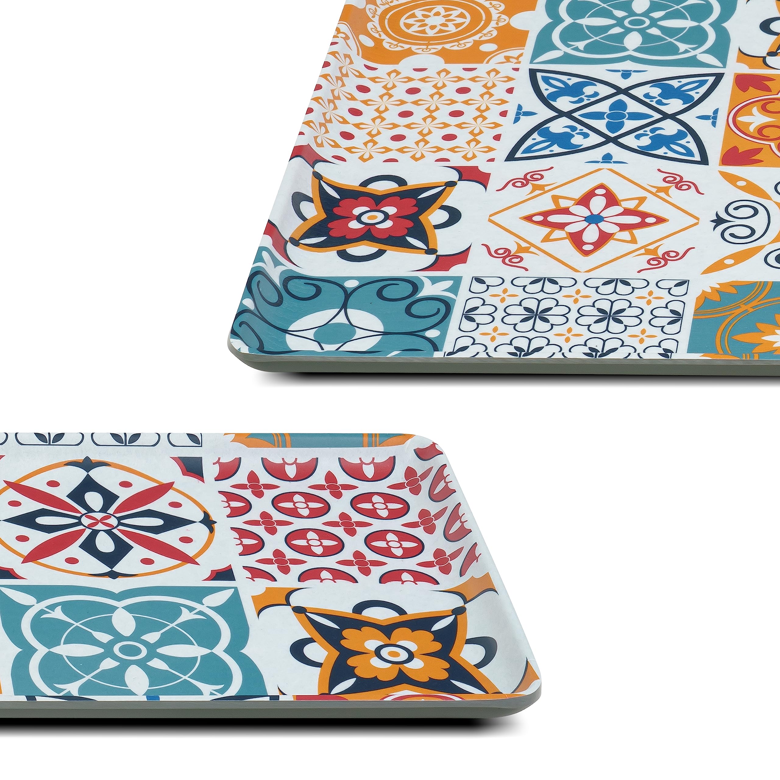MBH - Set di 3 vassoi per servire cibo per la presentazione di alimenti in tavola. Set di vassoi in melamina con design idraulico colorato ispirato al Mediterraneo.