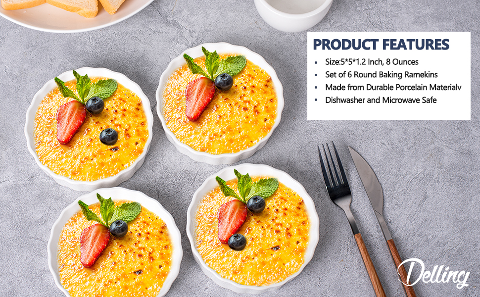 Delling Creme Brulee Ramekins Set Of 6 - 8 Oz White Porcelain Oven-Safe Dishes