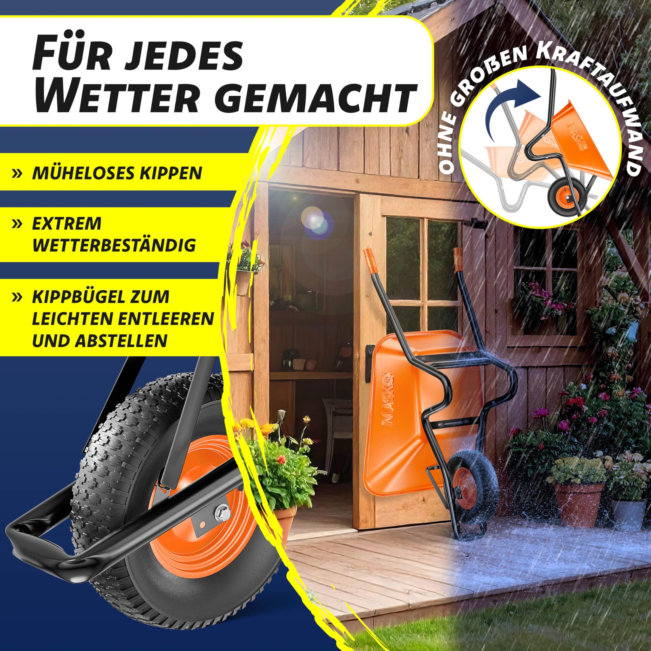 MASKO® Brouette | Capacité 100 litres | 250 kg | Pneus à air avec Jantes en Acier + Chambre à air de Rechange | Châssis en Acier galvanisé | Orange