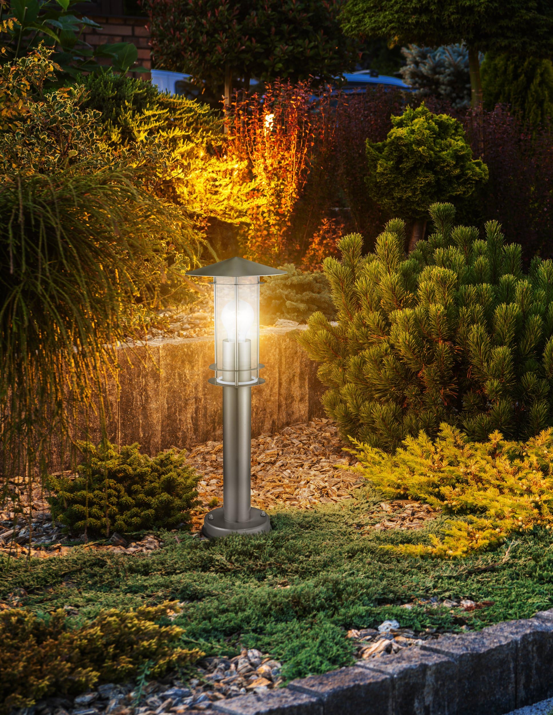 Eglo Borne lumineuse Lisio, potelet éclairage extérieur pour jardin et | terrasse, luminaire d’extérieur en acier inox et verre transparent, lampadaire lanterne, douille E27, IP44