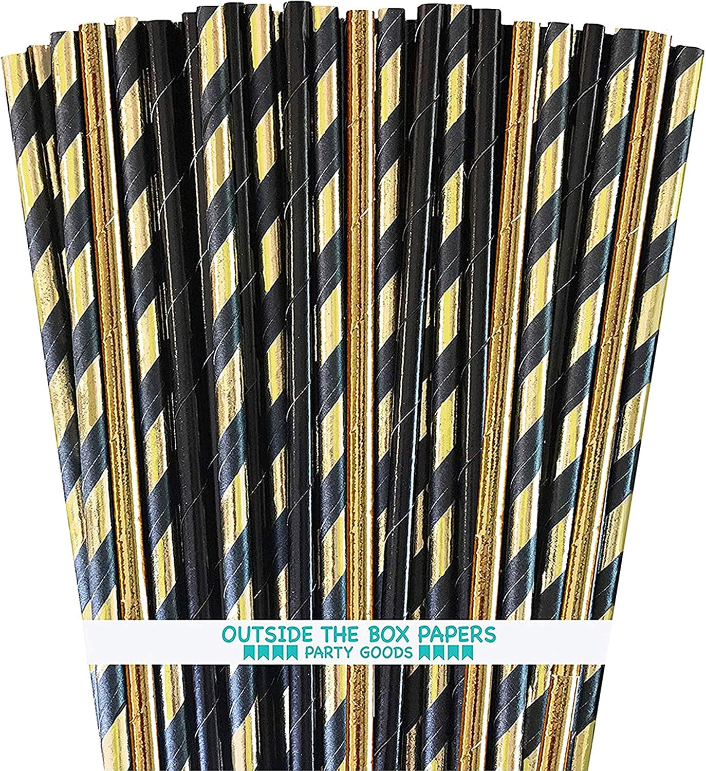 Black and Gold Foil Paper Drinking Straws - Stripe and Solid - 7.75 Inches - 100 Pack - Outside the Box Papers Brand