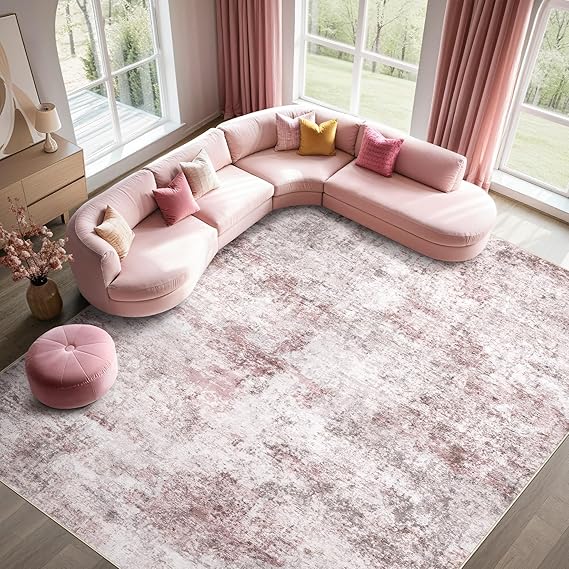 7x9 Area Rug Living Room Rugs - Washable Neutral Modern Abstract Soft Thin Large Rug Indoor Floor No Slip Rug Carpet for Bedroom Under Dining Table Home Office Decor - Pink