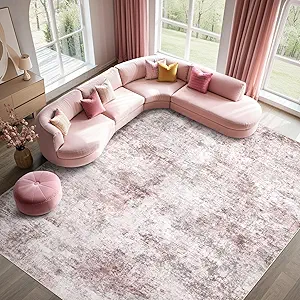 7x9 Area Rug Living Room Rugs - Washable Neutral Modern Abstract Soft Thin Large Rug Indoor Floor No Slip Rug Carpet for Bedroom Under Dining Table Home Office Decor - Pink