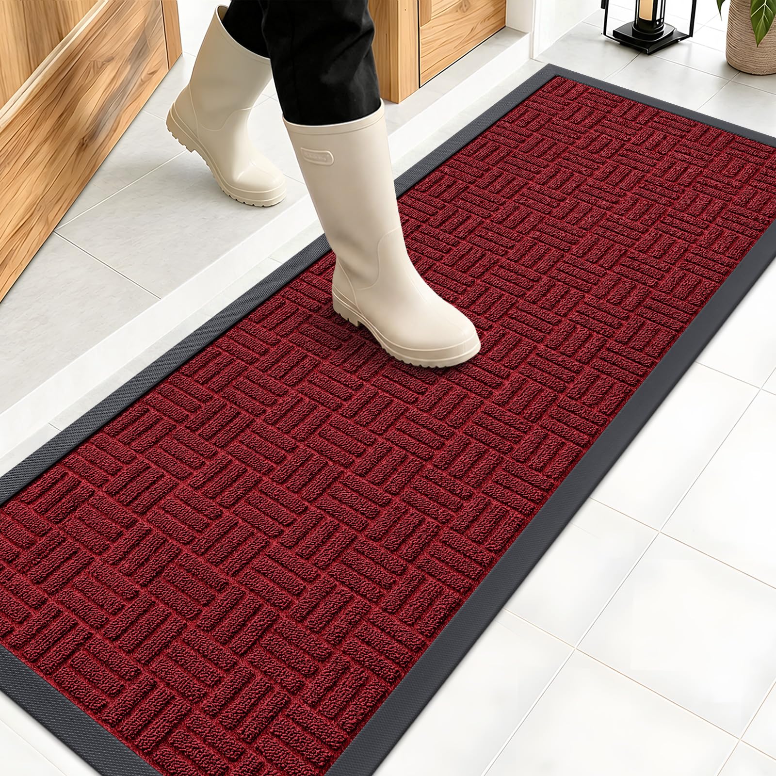 OLANLY Front Door Mat Outside Entrance 47x17, Absorbent, Heavy Duty Sturdy Natural Rubber Doormat Indoor Outdoor, Non-Slip, Stain and Fade Resistant, Low Profile Floor Mat for Entryway, Black Red