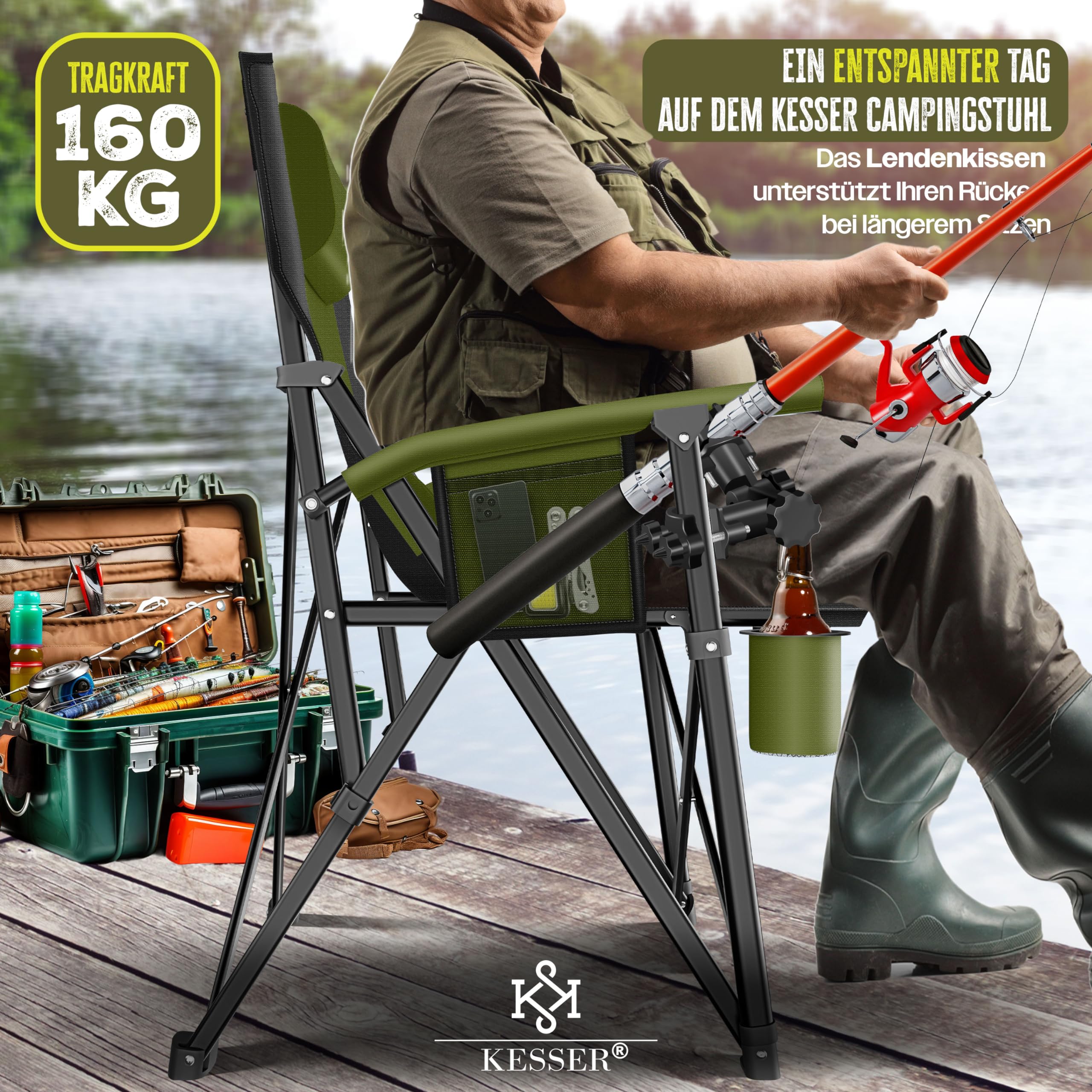 KESSER® Sedia da Campeggio Pieghevole Fino a 160 kg, Imbottita con Braccioli, Luce da Campeggio, Portabicchieri, Borsa con Schienale Alto, con Porta Canne da Pesca, Khaki/Nero