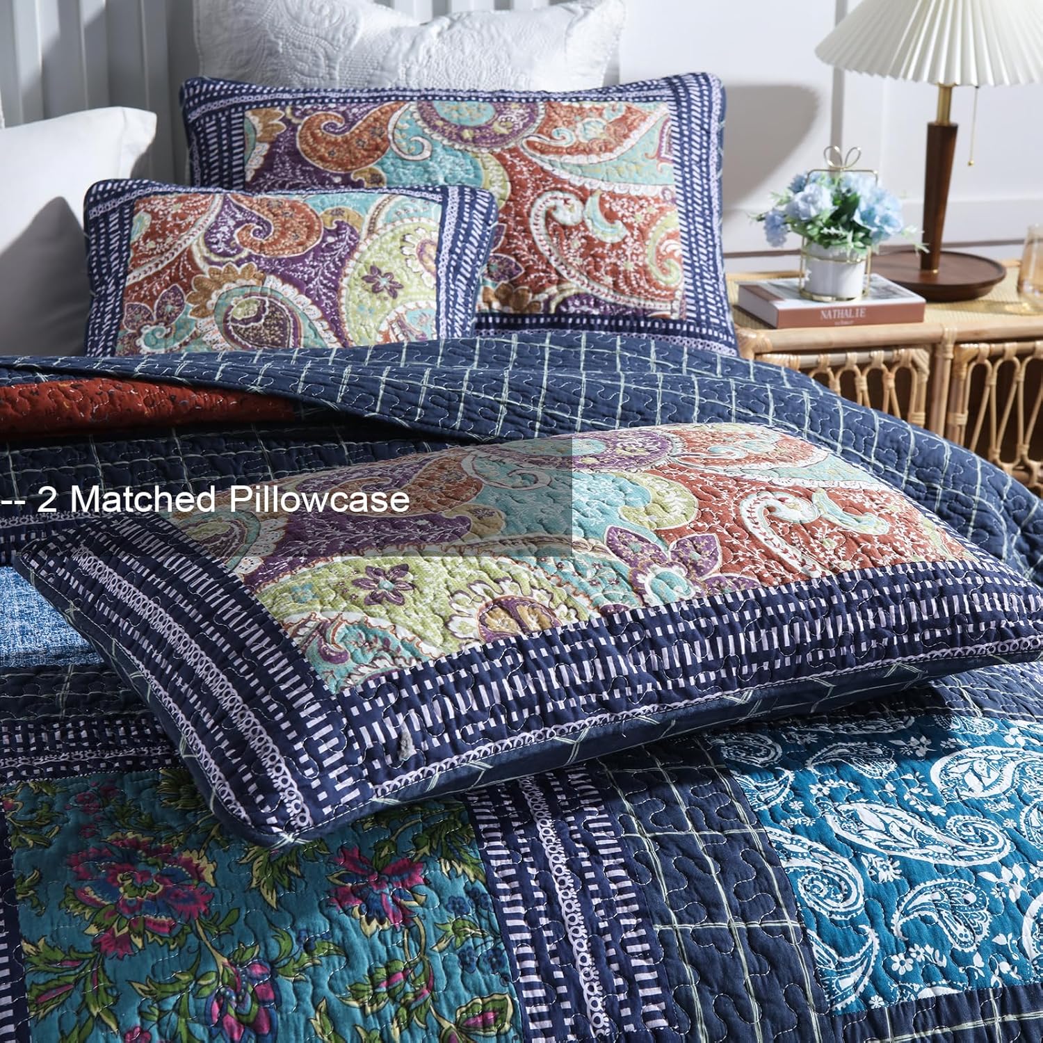 King Quilt Sets, 100% Cotton Quilts King Size, Navy Bedspreads, Patchwork with Retro Paisley Patterns, 3-Piece Lightweight Bedding Coverlet for All Season (1 Quilt + 2 Pillow Shams) - Image 3
