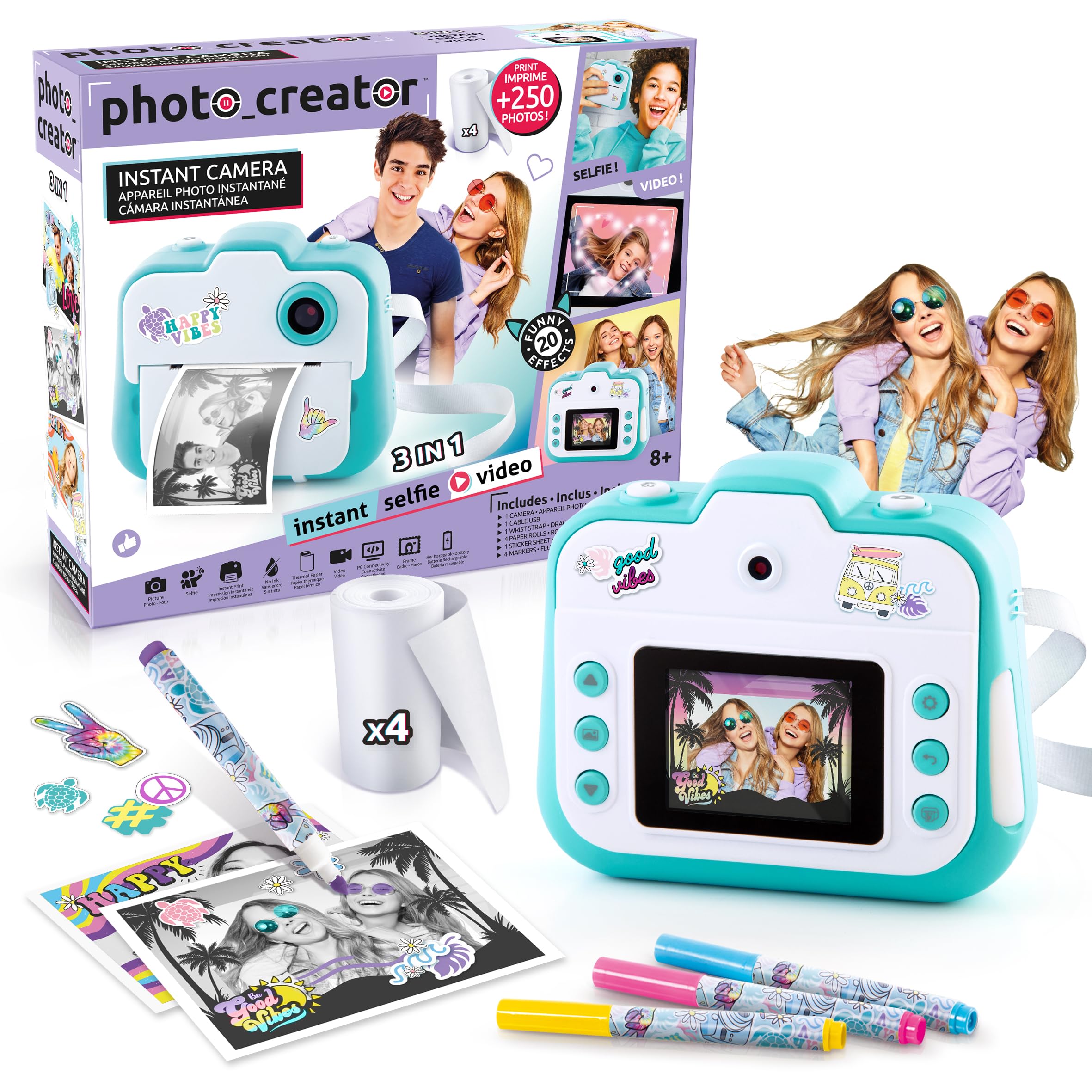 Canal Toys - Cámara Photo Creator de impresión instantánea - Foto, Selfie y Video - papel térmico para 250 fotos - Pantalla LCD - A partir de 8 años - CLK001