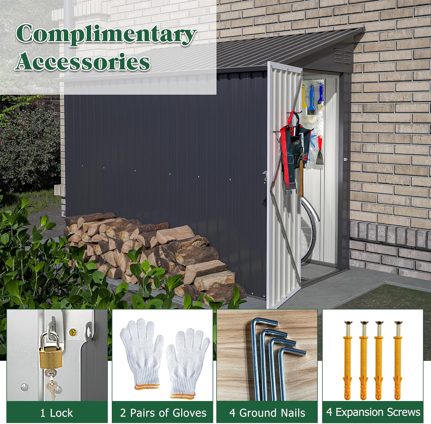 Storage Shed 4 * 8 FT Lean to Shed Metal Sheds & Outdoor Storage Cabinet Lockable Tool Organization Bike Mower Shed Portable Outside for Garden Patio, Black