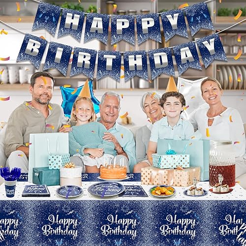 Miniatura 7 de Suministros de fiesta azul marino y plateado para 20 invitados, juego de vajilla desechable que incluye platos de papel azul, mantel de feliz